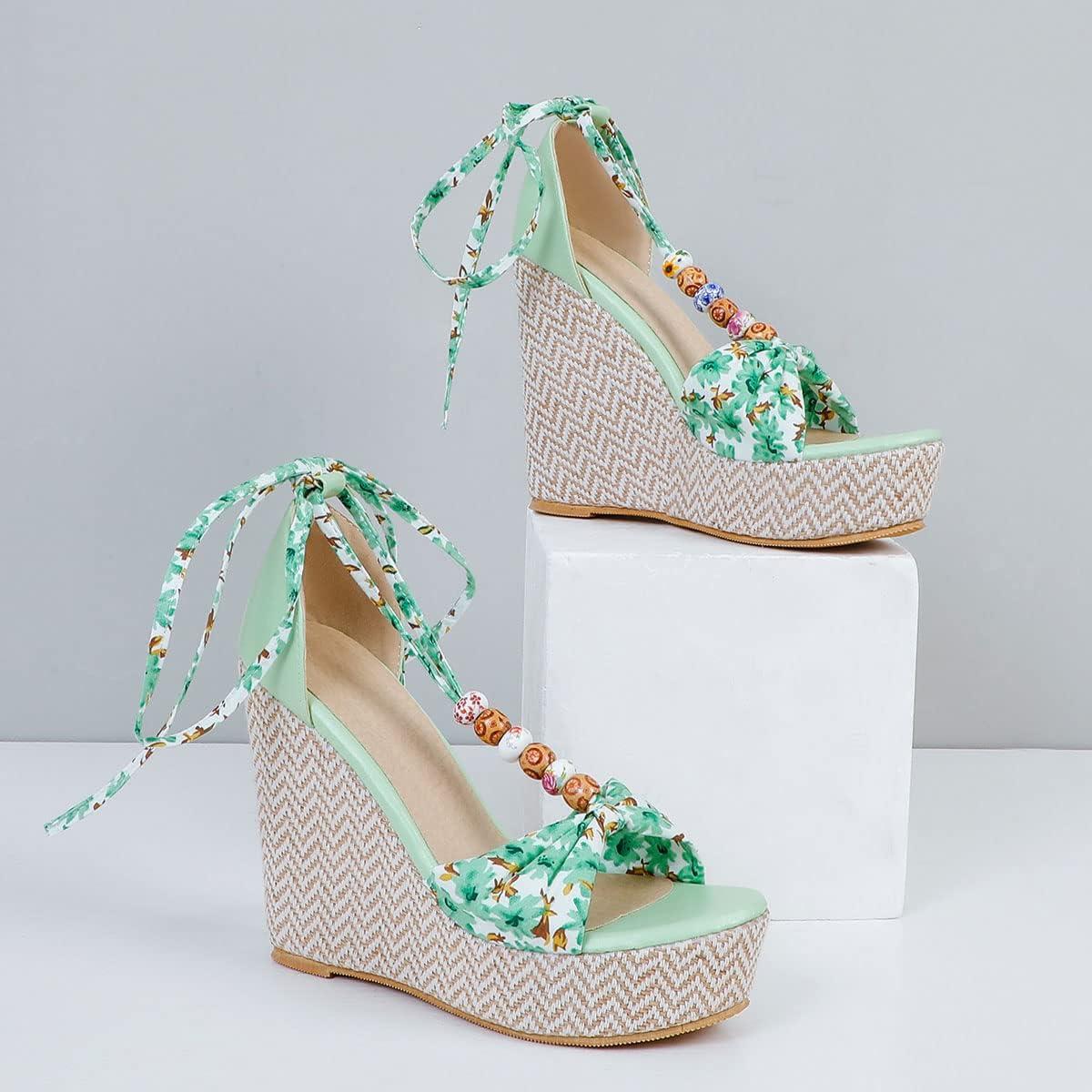 imageSHEMEE Womens Bohemian Beaded Platform Wedge Sandals Tstrap Thong Strappy High Heeled Lace Up Summer ShoesGreen