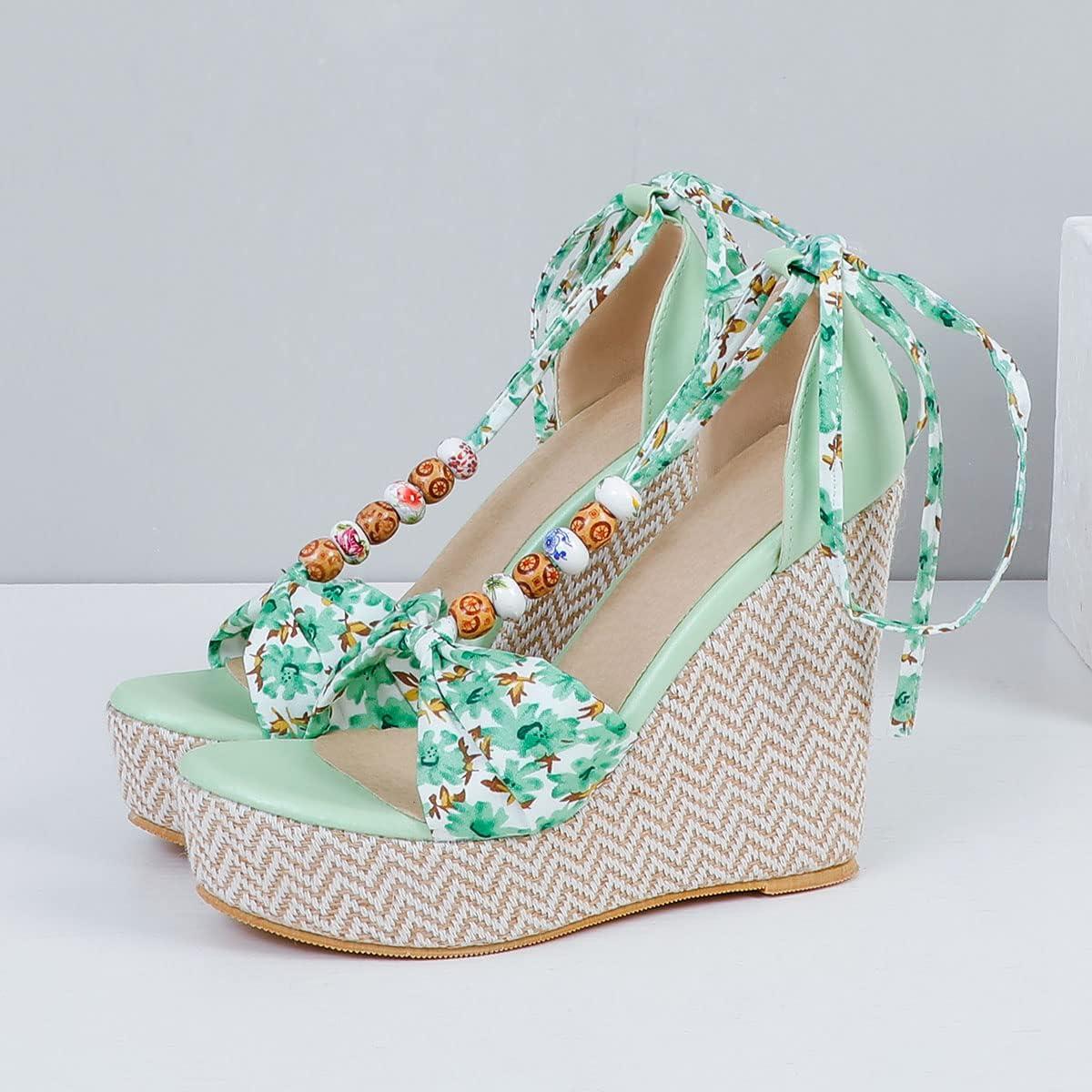 imageSHEMEE Womens Bohemian Beaded Platform Wedge Sandals Tstrap Thong Strappy High Heeled Lace Up Summer ShoesGreen