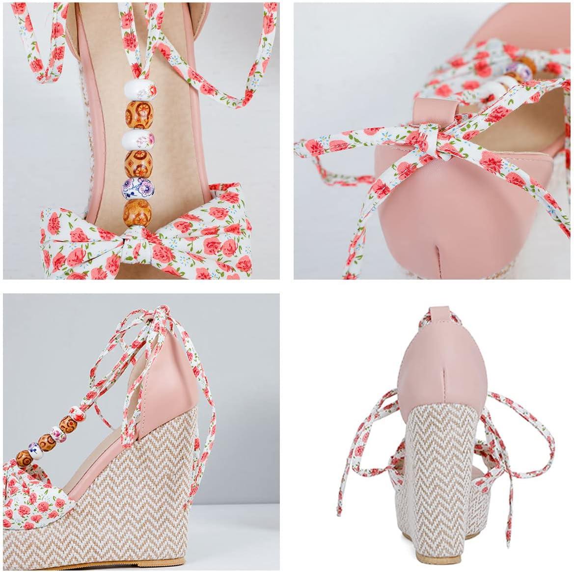 imageSHEMEE Womens Bohemian Beaded Platform Wedge Sandals Tstrap Thong Strappy High Heeled Lace Up Summer ShoesPink