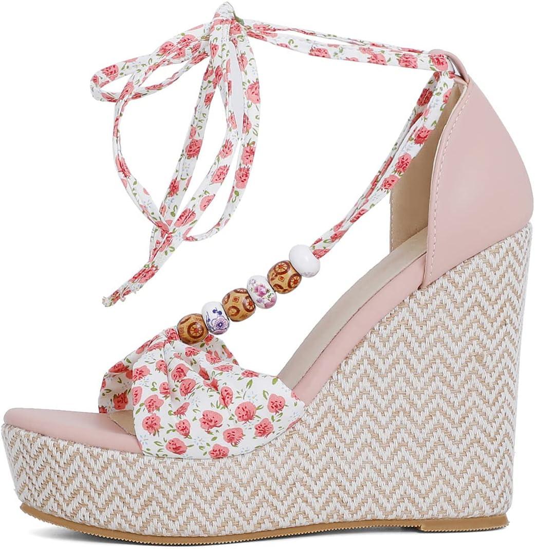 imageSHEMEE Womens Bohemian Beaded Platform Wedge Sandals Tstrap Thong Strappy High Heeled Lace Up Summer ShoesPink