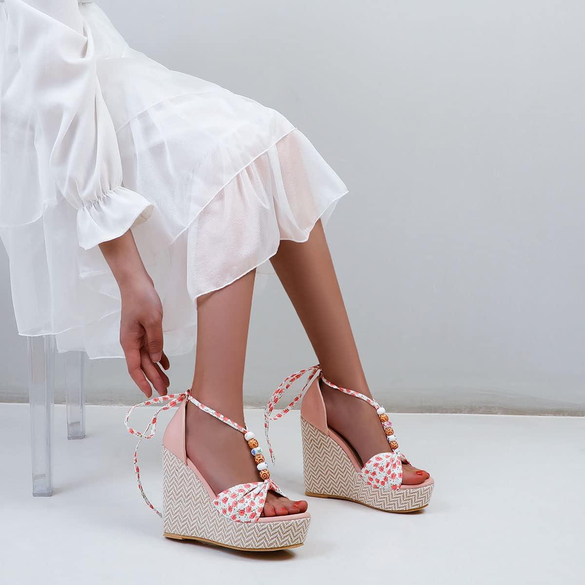 imageSHEMEE Womens Bohemian Beaded Platform Wedge Sandals Tstrap Thong Strappy High Heeled Lace Up Summer ShoesPink