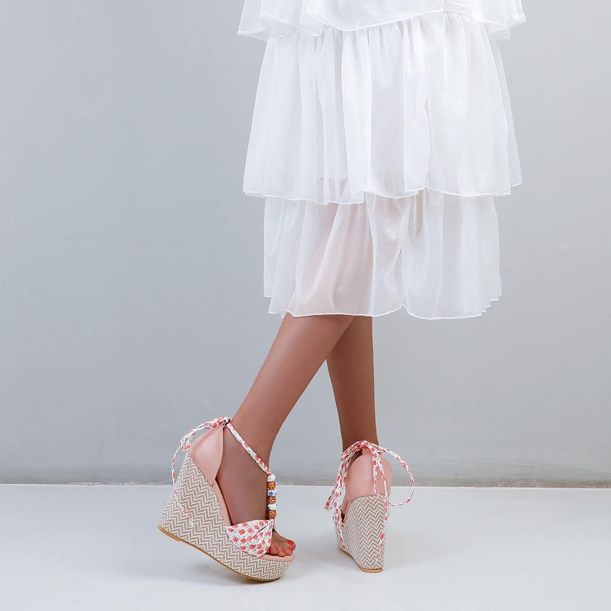 imageSHEMEE Womens Bohemian Beaded Platform Wedge Sandals Tstrap Thong Strappy High Heeled Lace Up Summer ShoesPink