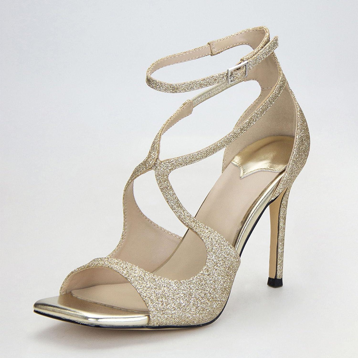 imageSHEMEE Womens Heeled Sandals Fashion Square Open Toe High Heels Ankle Strappy Buckled Sandals Party Dress ShoesGlitter Gold