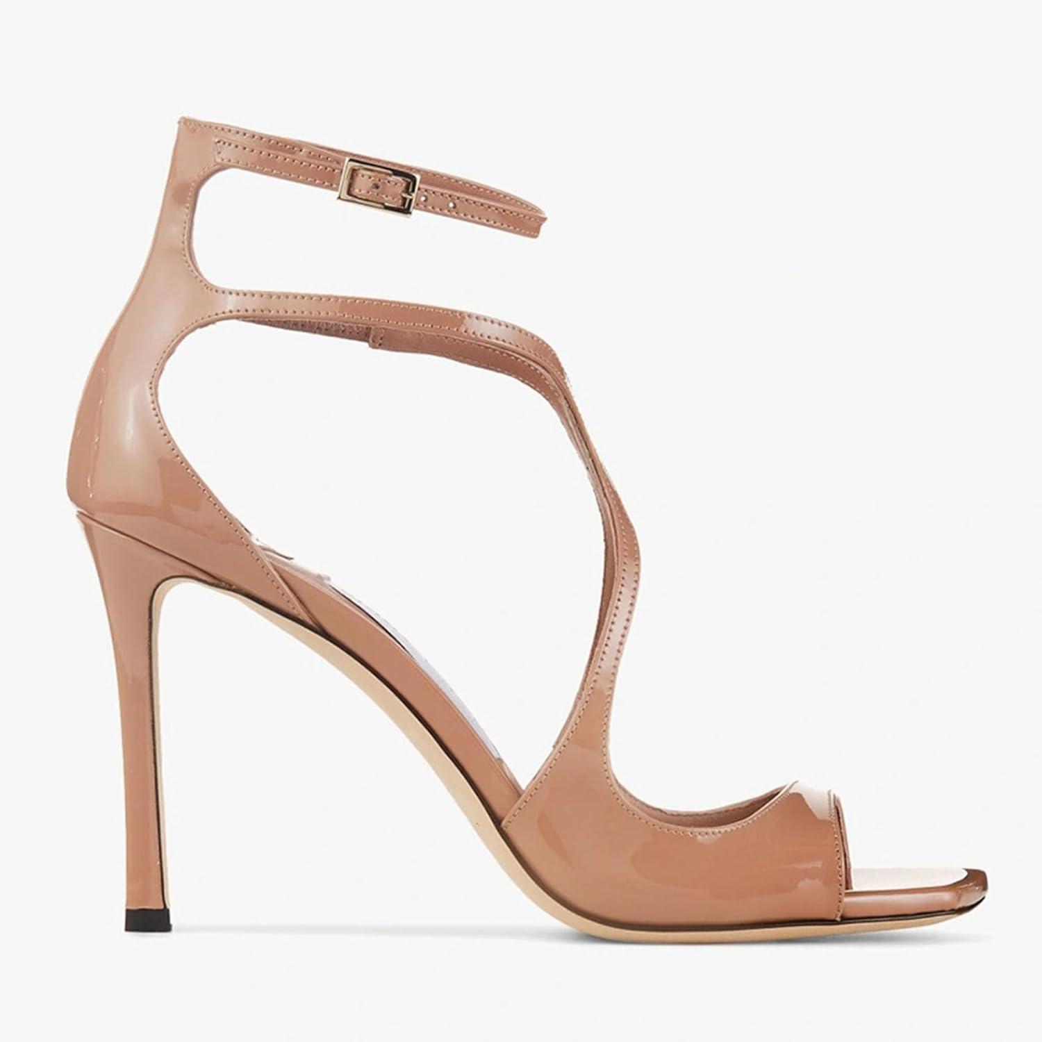imageSHEMEE Womens Heeled Sandals Fashion Square Open Toe High Heels Ankle Strappy Buckled Sandals Party Dress ShoesPatent Apricot