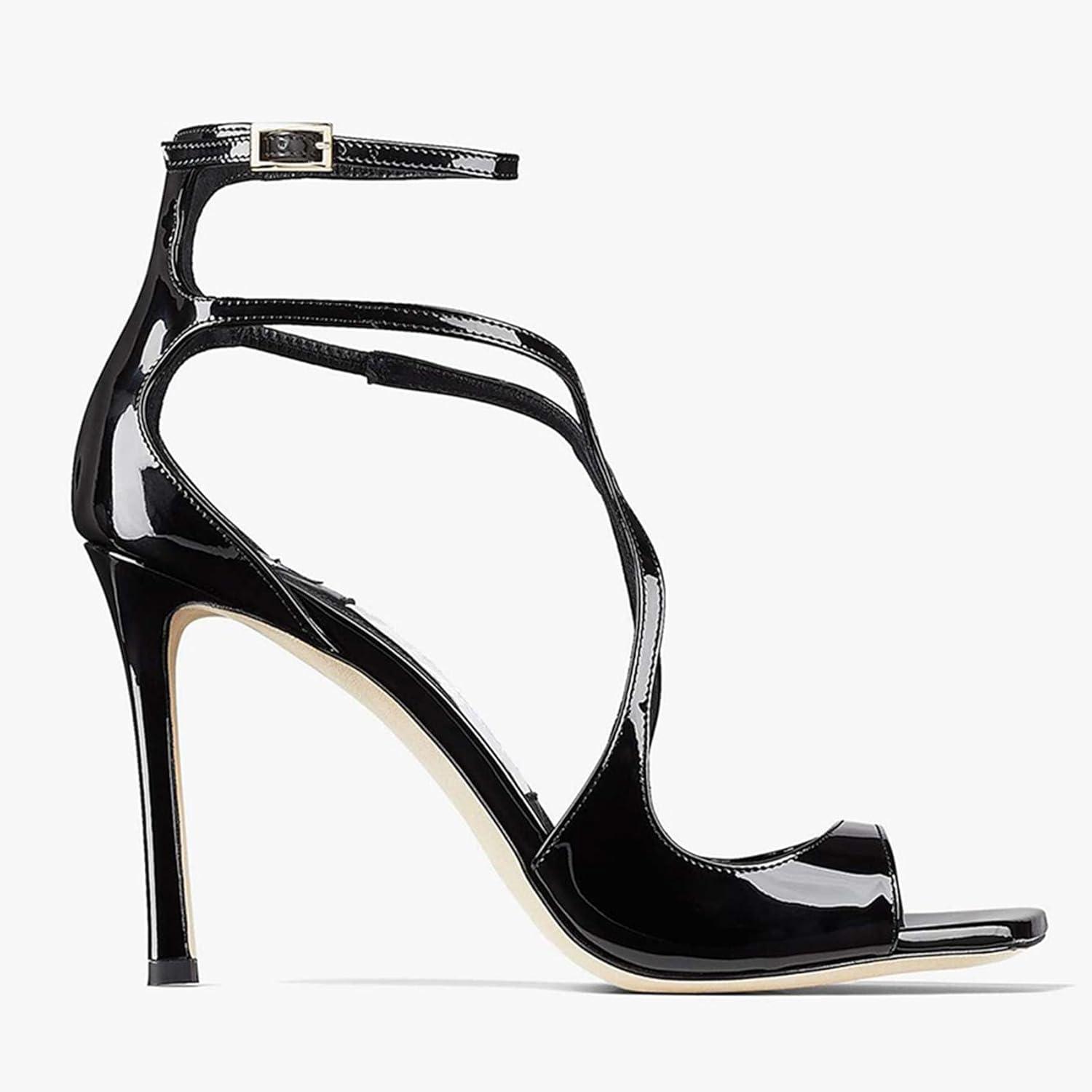 imageSHEMEE Womens Heeled Sandals Fashion Square Open Toe High Heels Ankle Strappy Buckled Sandals Party Dress ShoesPatent Black