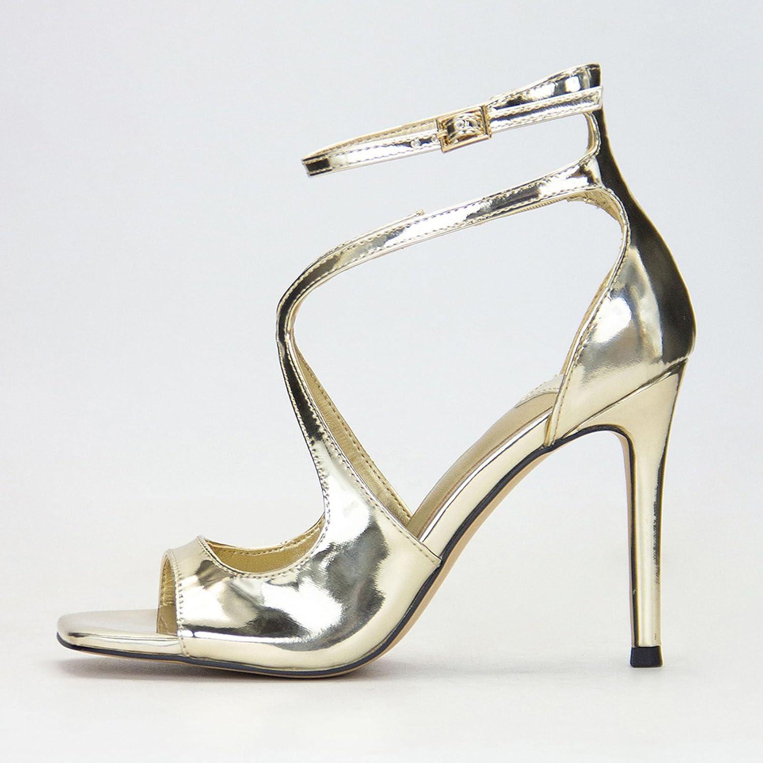 imageSHEMEE Womens Heeled Sandals Fashion Square Open Toe High Heels Ankle Strappy Buckled Sandals Party Dress ShoesPatent Gold