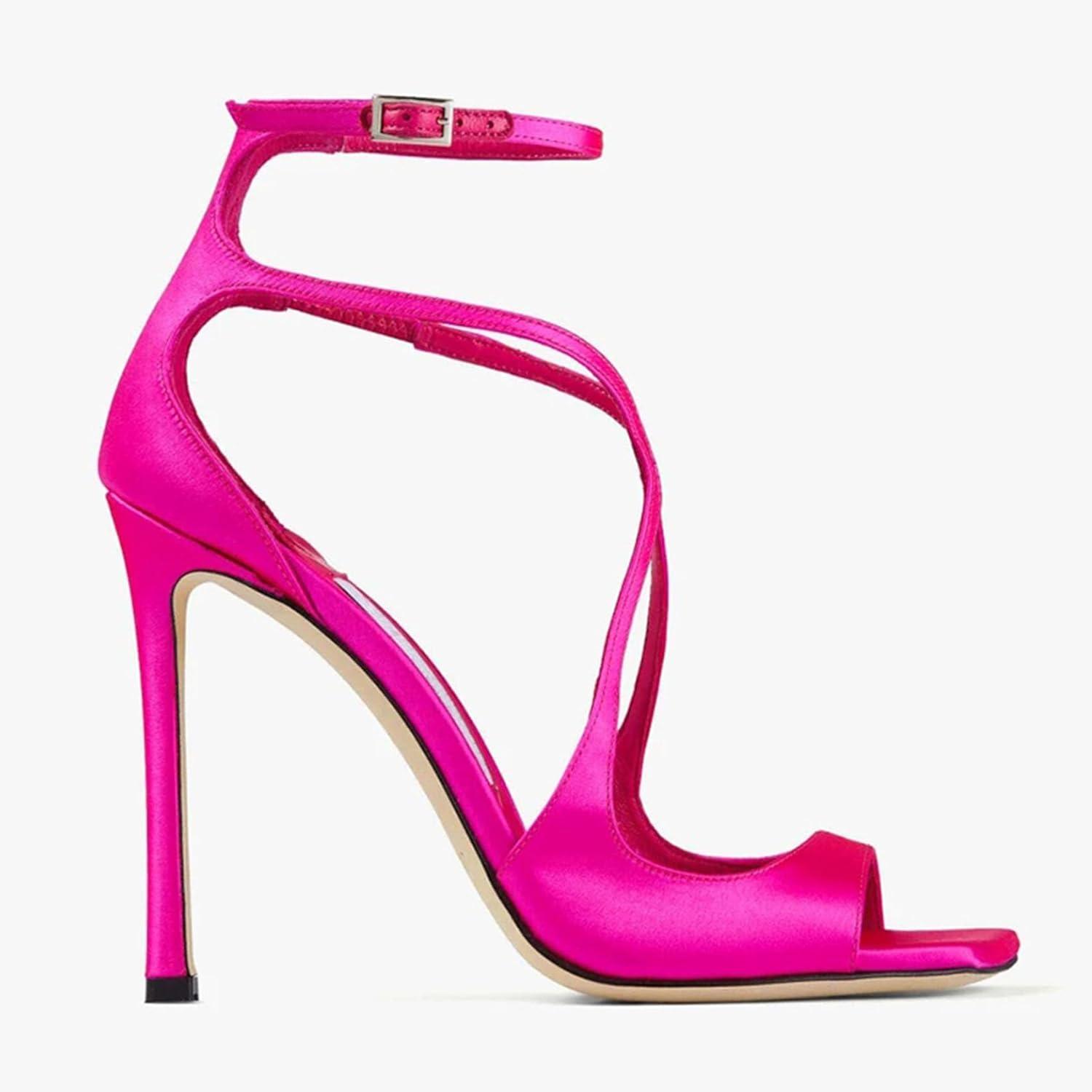 imageSHEMEE Womens Heeled Sandals Fashion Square Open Toe High Heels Ankle Strappy Buckled Sandals Party Dress ShoesSatin Hotpink