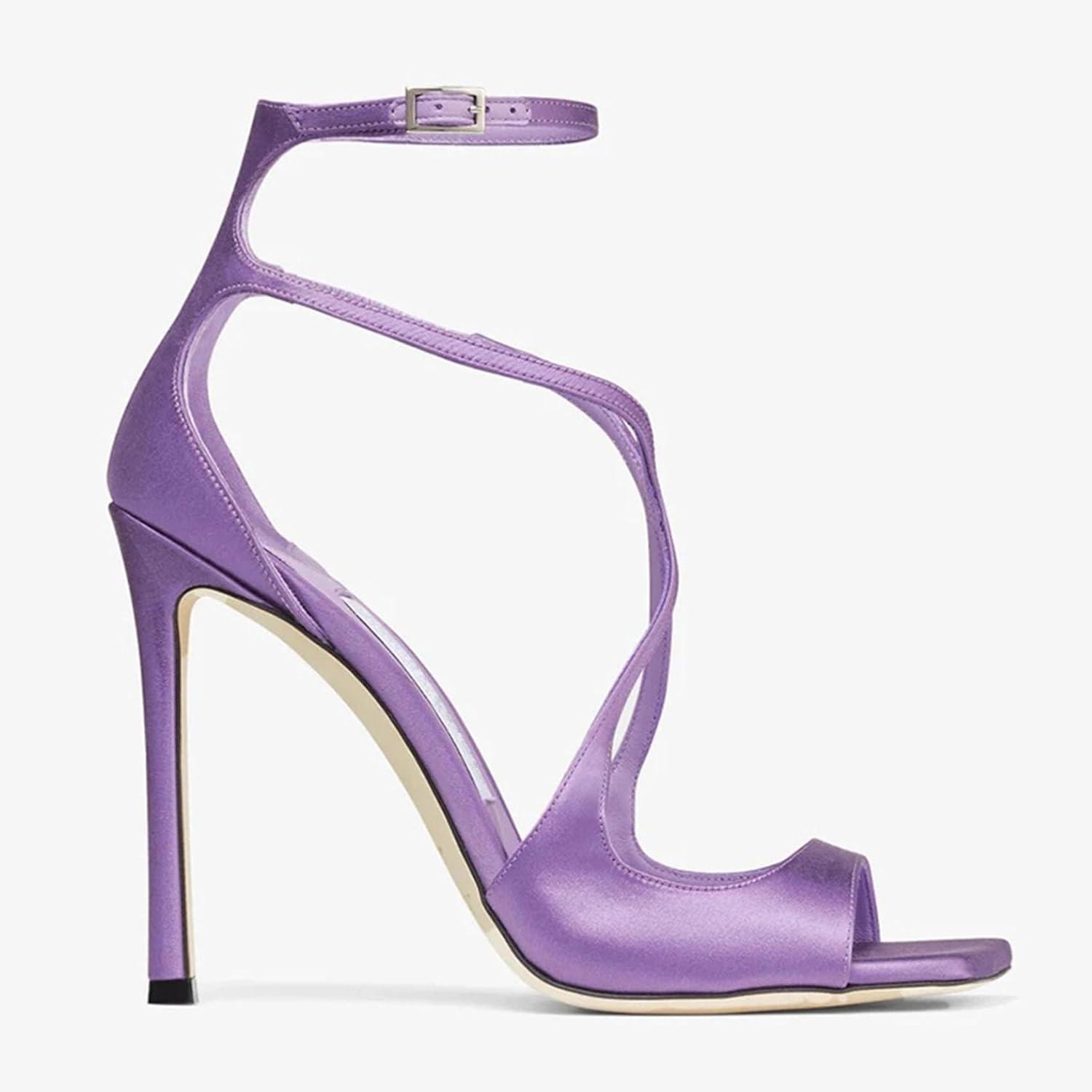 imageSHEMEE Womens Heeled Sandals Fashion Square Open Toe High Heels Ankle Strappy Buckled Sandals Party Dress ShoesSatin Purple