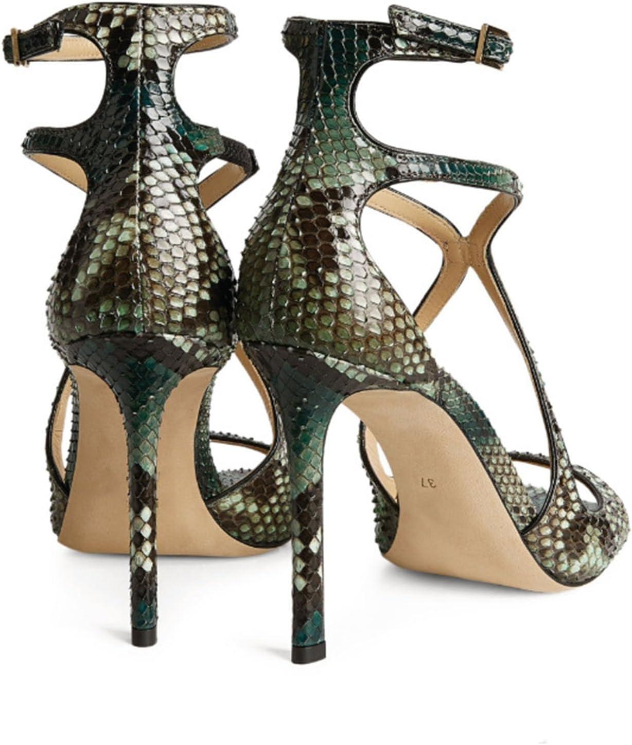 imageSHEMEE Womens Heeled Sandals Fashion Square Open Toe High Heels Ankle Strappy Buckled Sandals Party Dress ShoesSnake Green