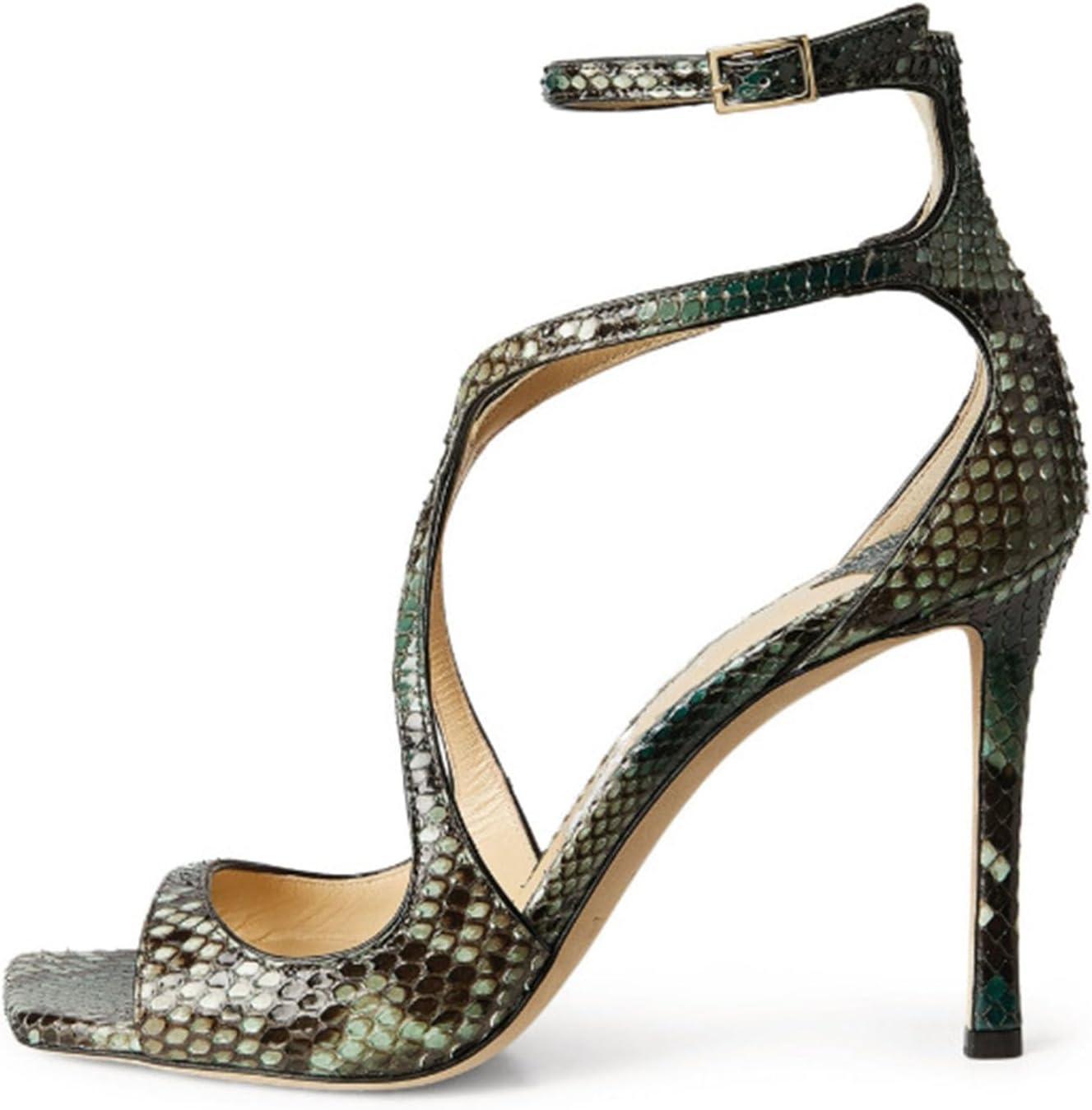imageSHEMEE Womens Heeled Sandals Fashion Square Open Toe High Heels Ankle Strappy Buckled Sandals Party Dress ShoesSnake Green