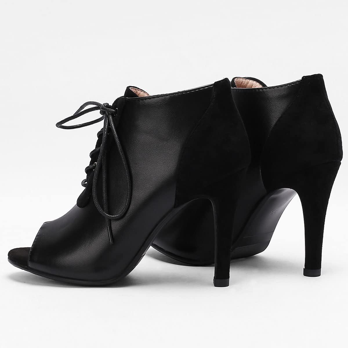 imageSHEMEE Womens Open Peep Toe Sandals Booties Lace Up Stiletto High Heels Ankle Boots Summer Faux Suede and Pu Patchwork Pumps ShoesBlack