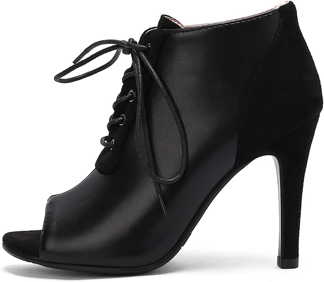 imageSHEMEE Womens Open Peep Toe Sandals Booties Lace Up Stiletto High Heels Ankle Boots Summer Faux Suede and Pu Patchwork Pumps ShoesBlack