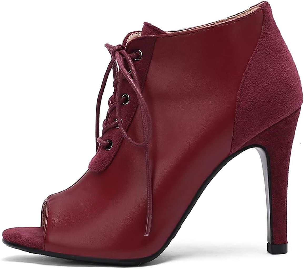 imageSHEMEE Womens Open Peep Toe Sandals Booties Lace Up Stiletto High Heels Ankle Boots Summer Faux Suede and Pu Patchwork Pumps ShoesBurgundy
