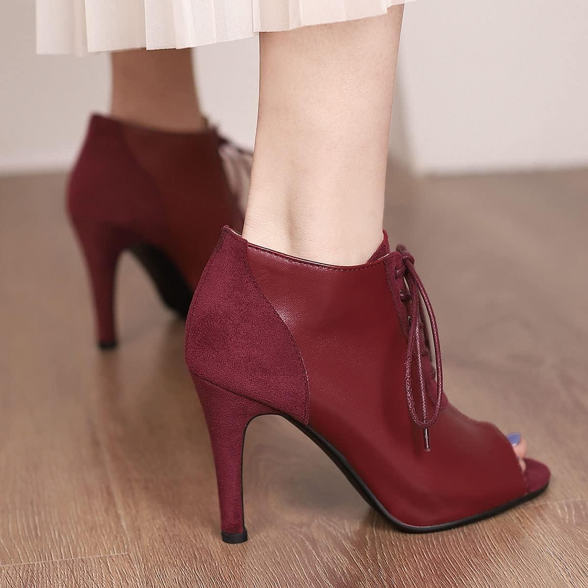 imageSHEMEE Womens Open Peep Toe Sandals Booties Lace Up Stiletto High Heels Ankle Boots Summer Faux Suede and Pu Patchwork Pumps ShoesBurgundy