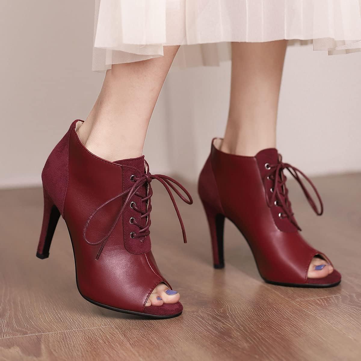 imageSHEMEE Womens Open Peep Toe Sandals Booties Lace Up Stiletto High Heels Ankle Boots Summer Faux Suede and Pu Patchwork Pumps ShoesBurgundy