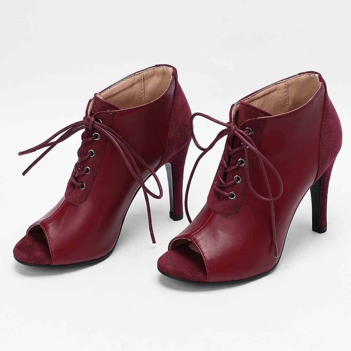 imageSHEMEE Womens Open Peep Toe Sandals Booties Lace Up Stiletto High Heels Ankle Boots Summer Faux Suede and Pu Patchwork Pumps ShoesBurgundy