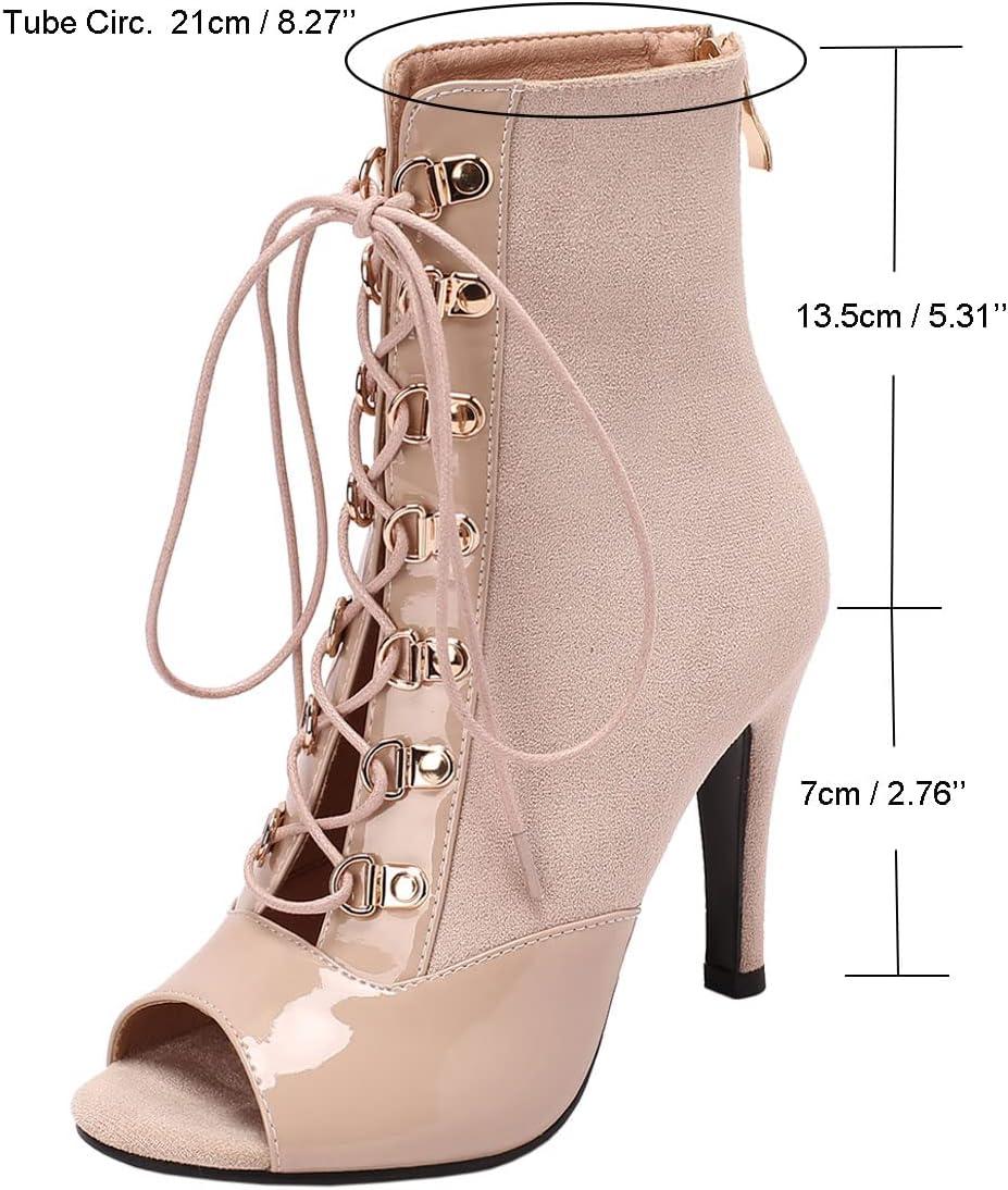 imageSHEMEE Womens Peep Toe Patent Leather High Heels Lace Up Ankle Boots Faux Suede Summer Stilettos Sandals Booties with Back Zip276 Heel Apricot