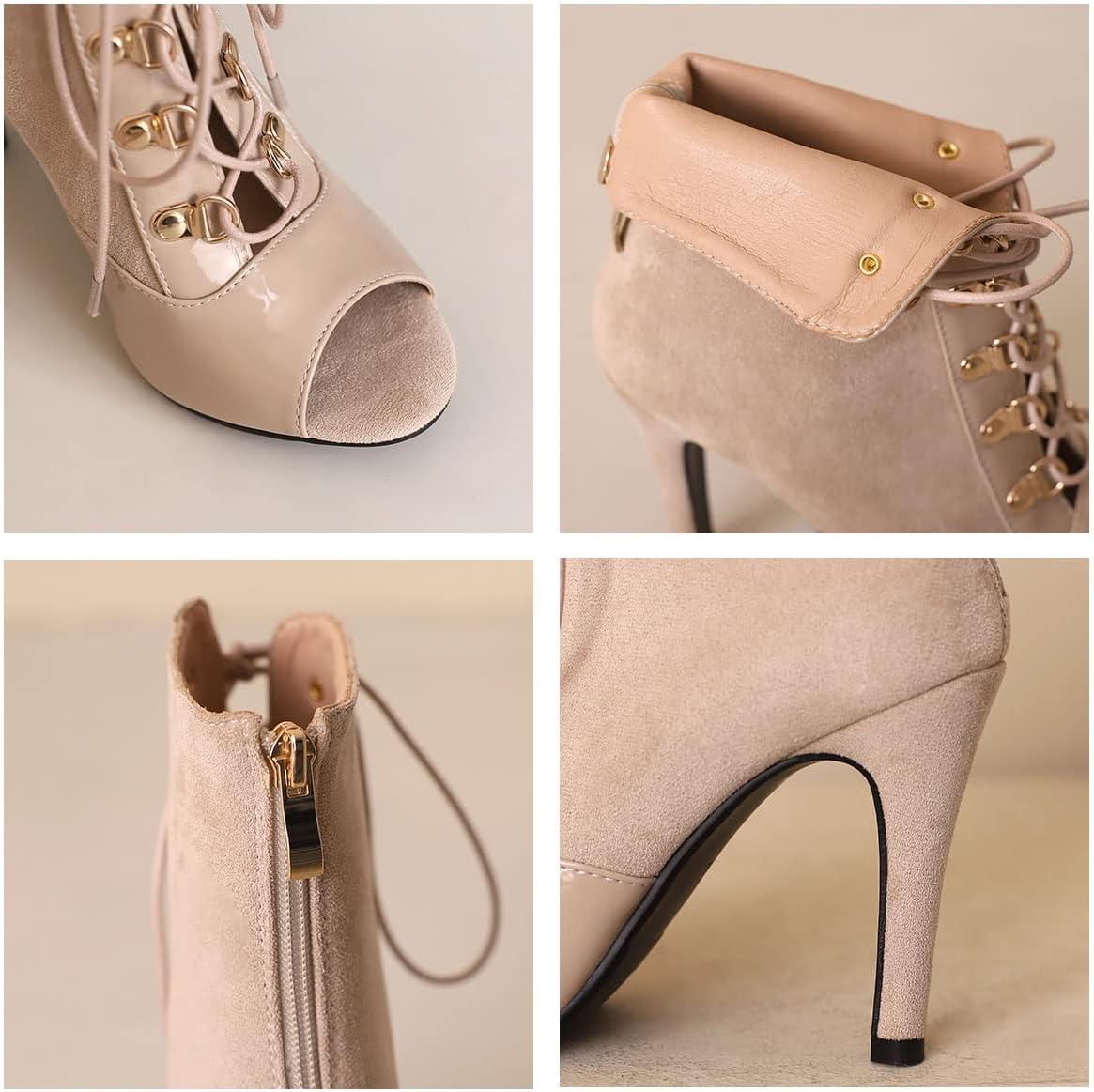 imageSHEMEE Womens Peep Toe Patent Leather High Heels Lace Up Ankle Boots Faux Suede Summer Stilettos Sandals Booties with Back Zip276 Heel Apricot