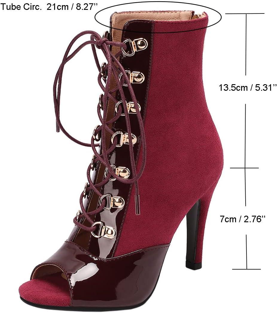 imageSHEMEE Womens Peep Toe Patent Leather High Heels Lace Up Ankle Boots Faux Suede Summer Stilettos Sandals Booties with Back Zip276 Heel Burgundy