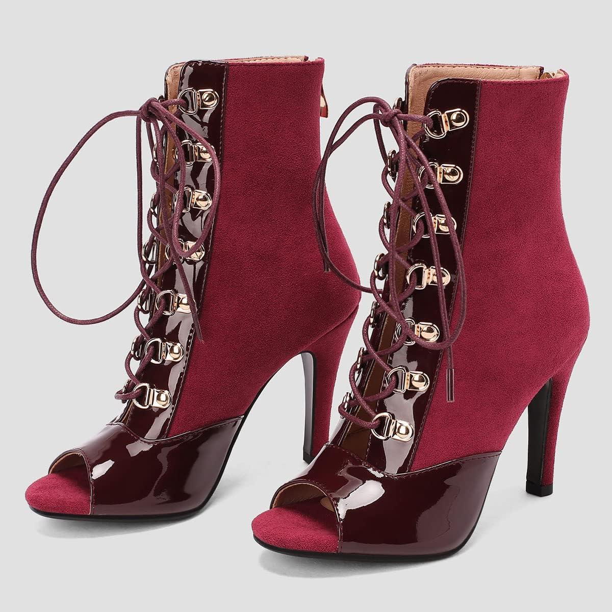 imageSHEMEE Womens Peep Toe Patent Leather High Heels Lace Up Ankle Boots Faux Suede Summer Stilettos Sandals Booties with Back Zip276 Heel Burgundy