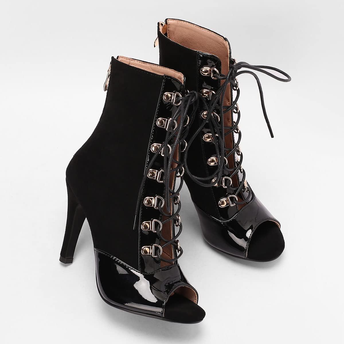 imageSHEMEE Womens Peep Toe Patent Leather High Heels Lace Up Ankle Boots Faux Suede Summer Stilettos Sandals Booties with Back Zip7cm Black