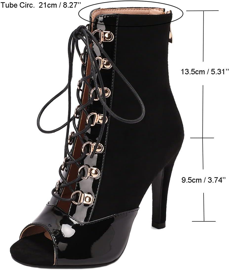imageSHEMEE Womens Peep Toe Patent Leather High Heels Lace Up Ankle Boots Faux Suede Summer Stilettos Sandals Booties with Back Zip95cm Black