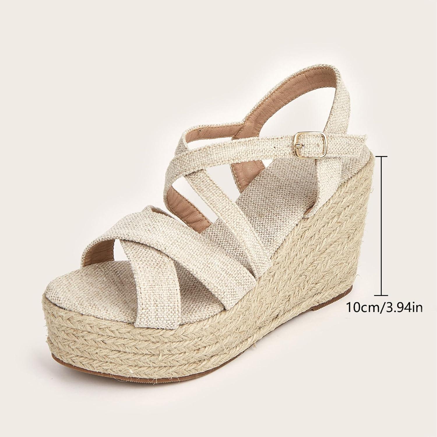 imageSHEMEE Womens Platform Wedges Sandals Espadrilles High Heeled Sandals Ankle Cross Strappy Buckled Summer ShoesApricot