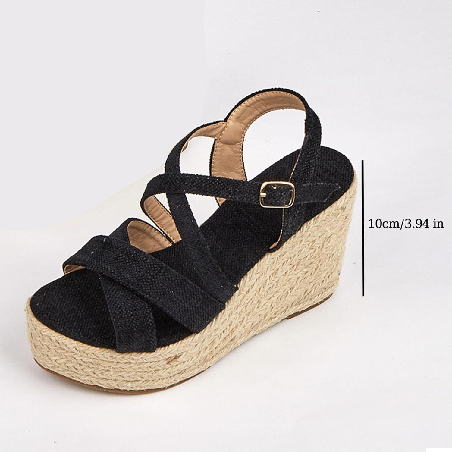 imageSHEMEE Womens Platform Wedges Sandals Espadrilles High Heeled Sandals Ankle Cross Strappy Buckled Summer ShoesBlack