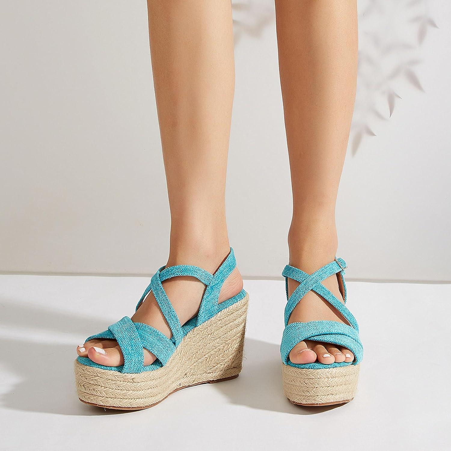 imageSHEMEE Womens Platform Wedges Sandals Espadrilles High Heeled Sandals Ankle Cross Strappy Buckled Summer ShoesBlue