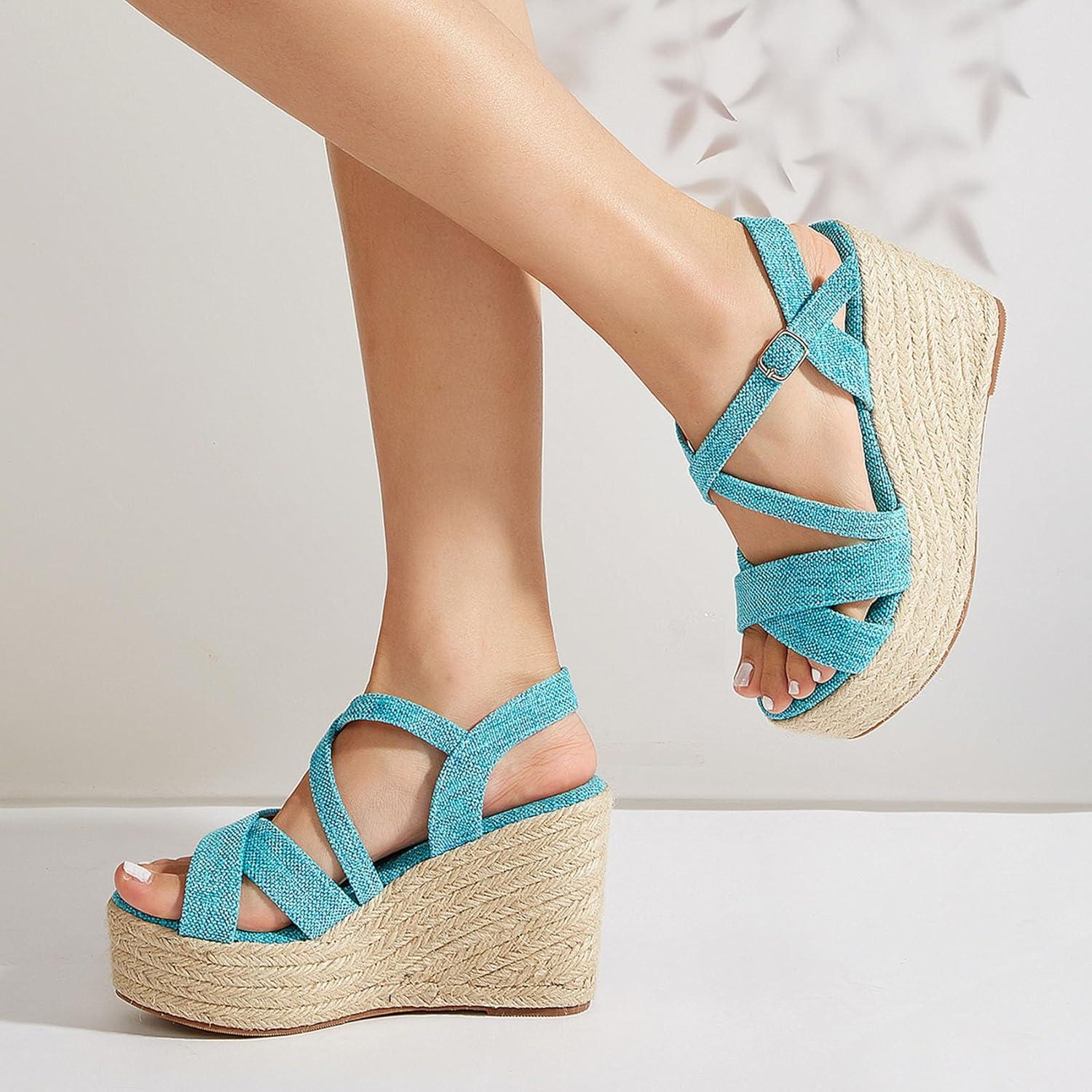 imageSHEMEE Womens Platform Wedges Sandals Espadrilles High Heeled Sandals Ankle Cross Strappy Buckled Summer ShoesBlue