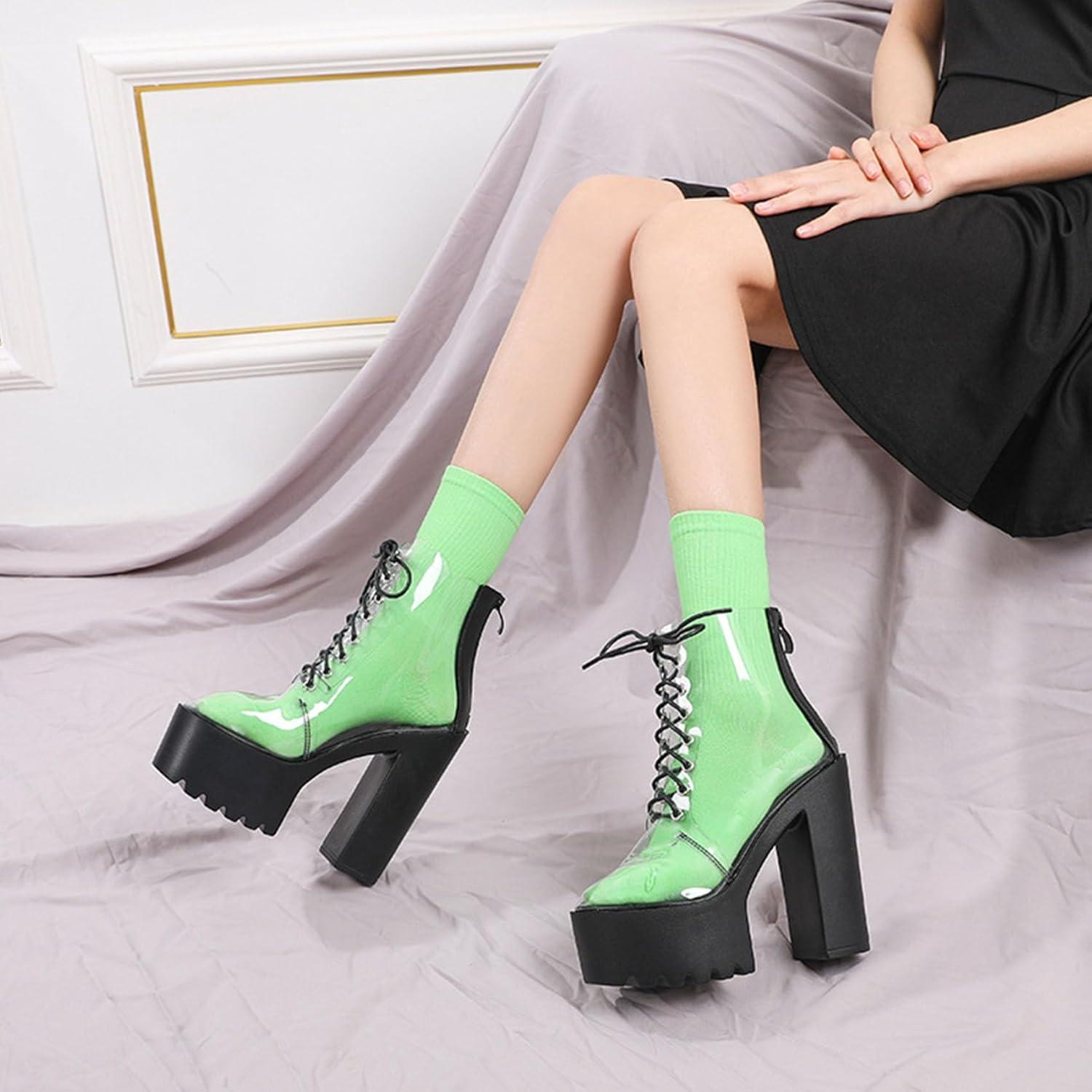 imageSHEMEE Womens Rainbow Platform Ankle Boots Clear Transparent Lace Up High Heels Platform Booties Summer Sandals ShoesBlack