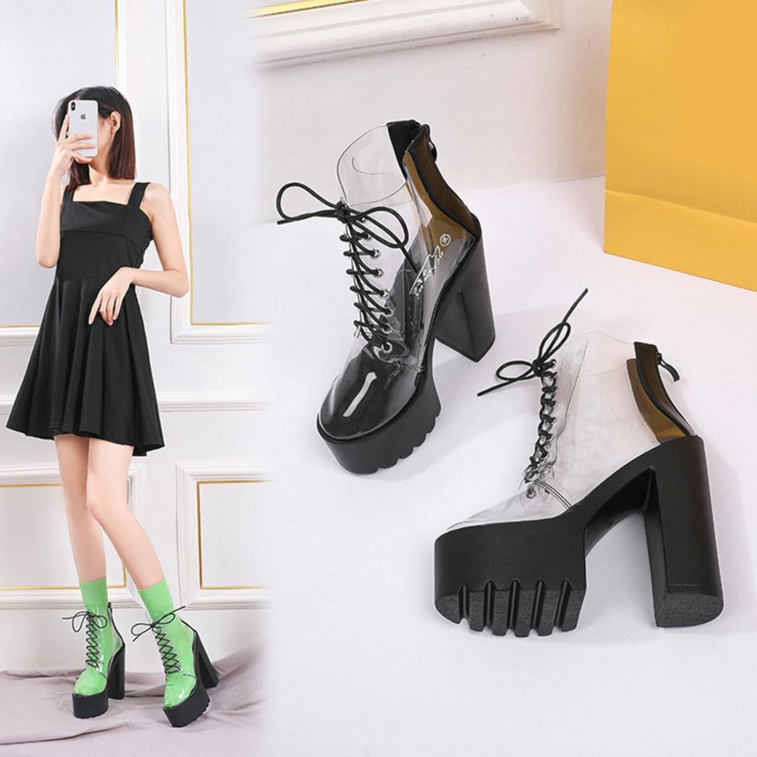 imageSHEMEE Womens Rainbow Platform Ankle Boots Clear Transparent Lace Up High Heels Platform Booties Summer Sandals ShoesBlack