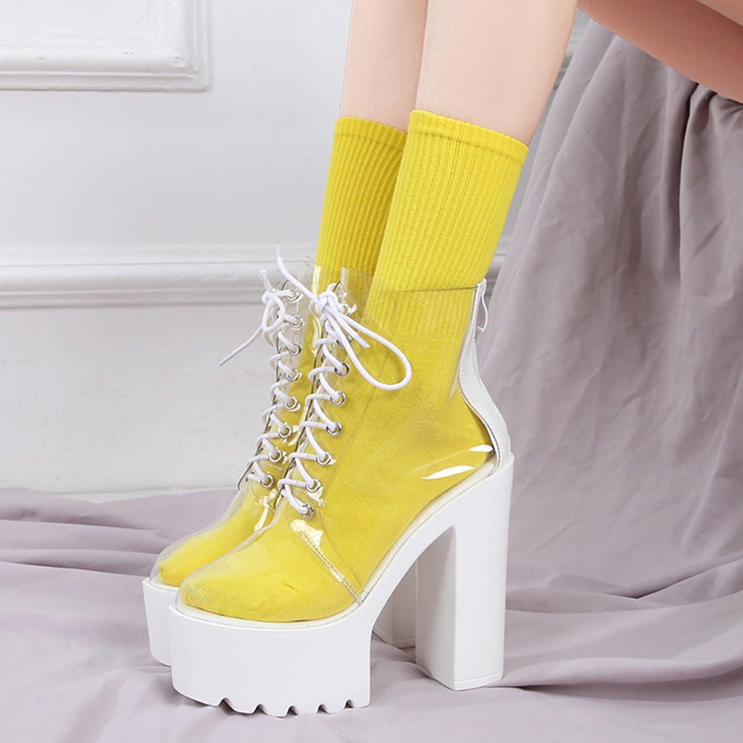 imageSHEMEE Womens Rainbow Platform Ankle Boots Clear Transparent Lace Up High Heels Platform Booties Summer Sandals ShoesWhite