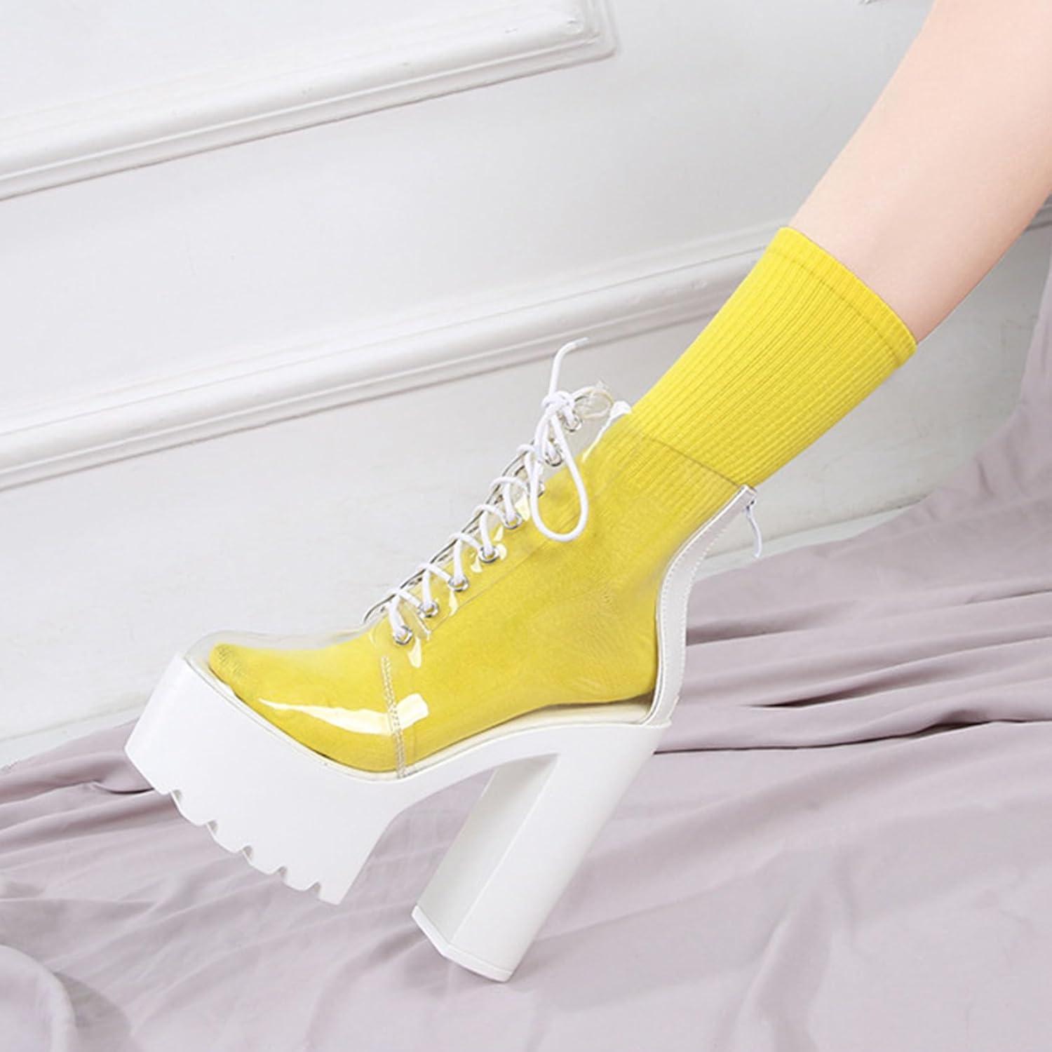 imageSHEMEE Womens Rainbow Platform Ankle Boots Clear Transparent Lace Up High Heels Platform Booties Summer Sandals ShoesWhite