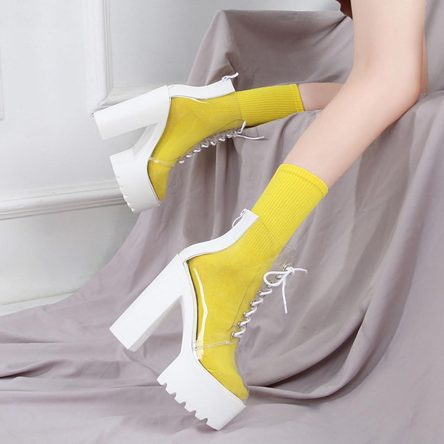 imageSHEMEE Womens Rainbow Platform Ankle Boots Clear Transparent Lace Up High Heels Platform Booties Summer Sandals ShoesWhite