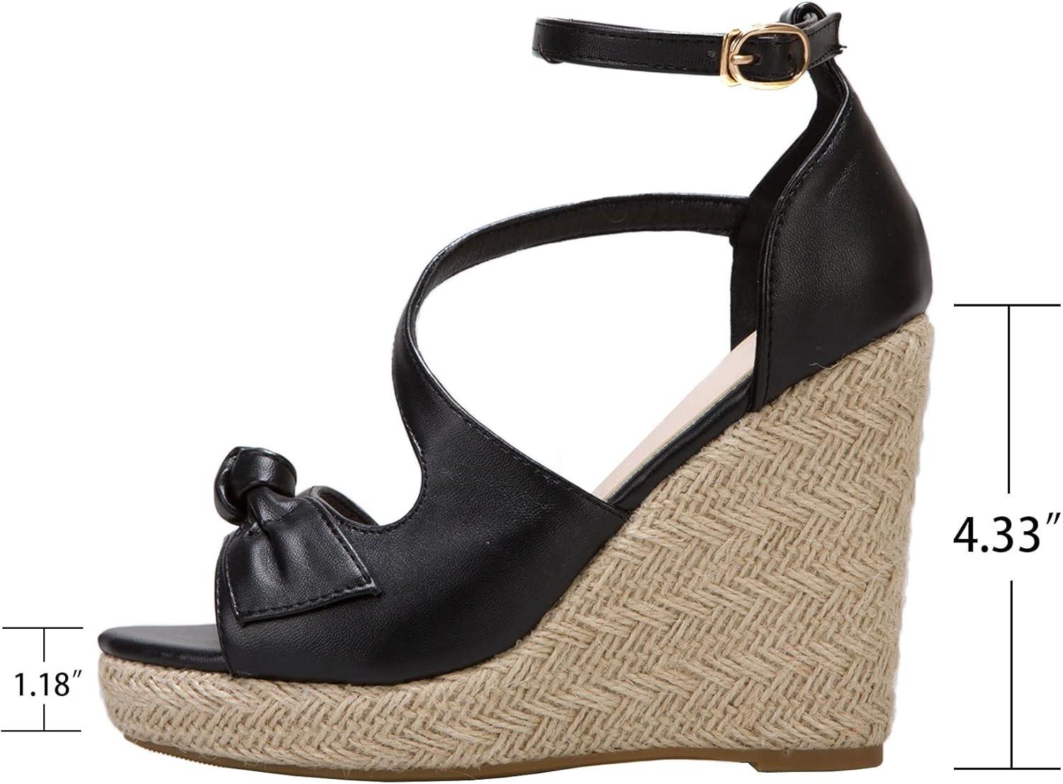 imageSHEMEE Womens Round Open Toe Espadrille Wedge Sandals Platform High Heel Ankle Strap Buckle Bow Sandalias Summer ShoesBlack
