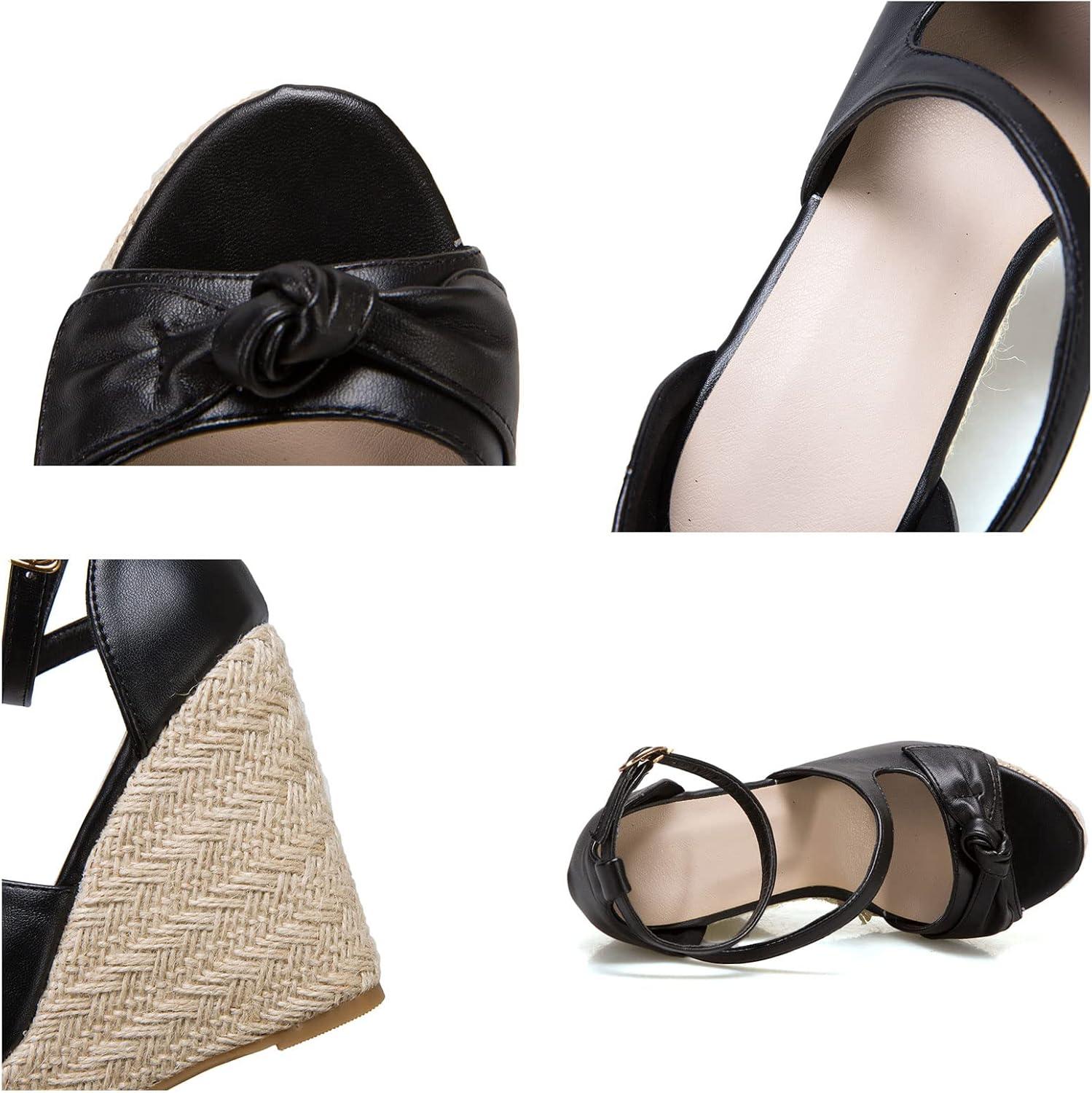 imageSHEMEE Womens Round Open Toe Espadrille Wedge Sandals Platform High Heel Ankle Strap Buckle Bow Sandalias Summer ShoesBlack