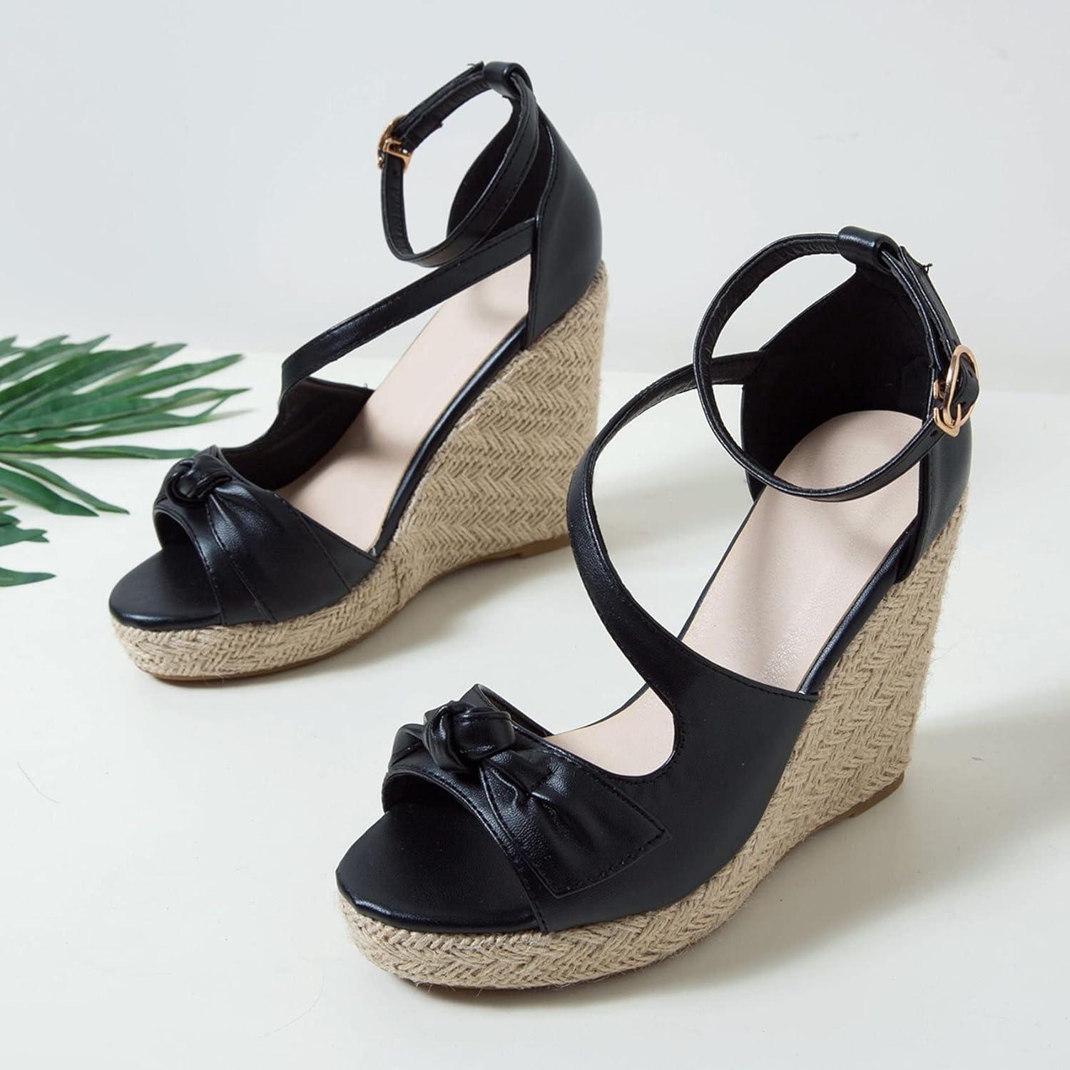 imageSHEMEE Womens Round Open Toe Espadrille Wedge Sandals Platform High Heel Ankle Strap Buckle Bow Sandalias Summer ShoesBlack