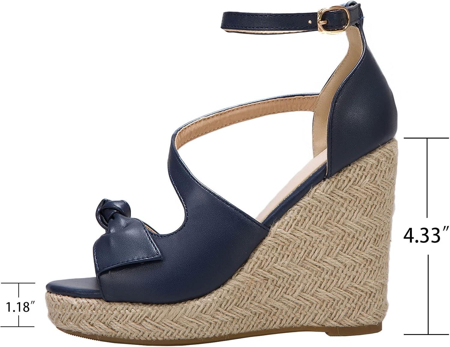 imageSHEMEE Womens Round Open Toe Espadrille Wedge Sandals Platform High Heel Ankle Strap Buckle Bow Sandalias Summer ShoesBlue