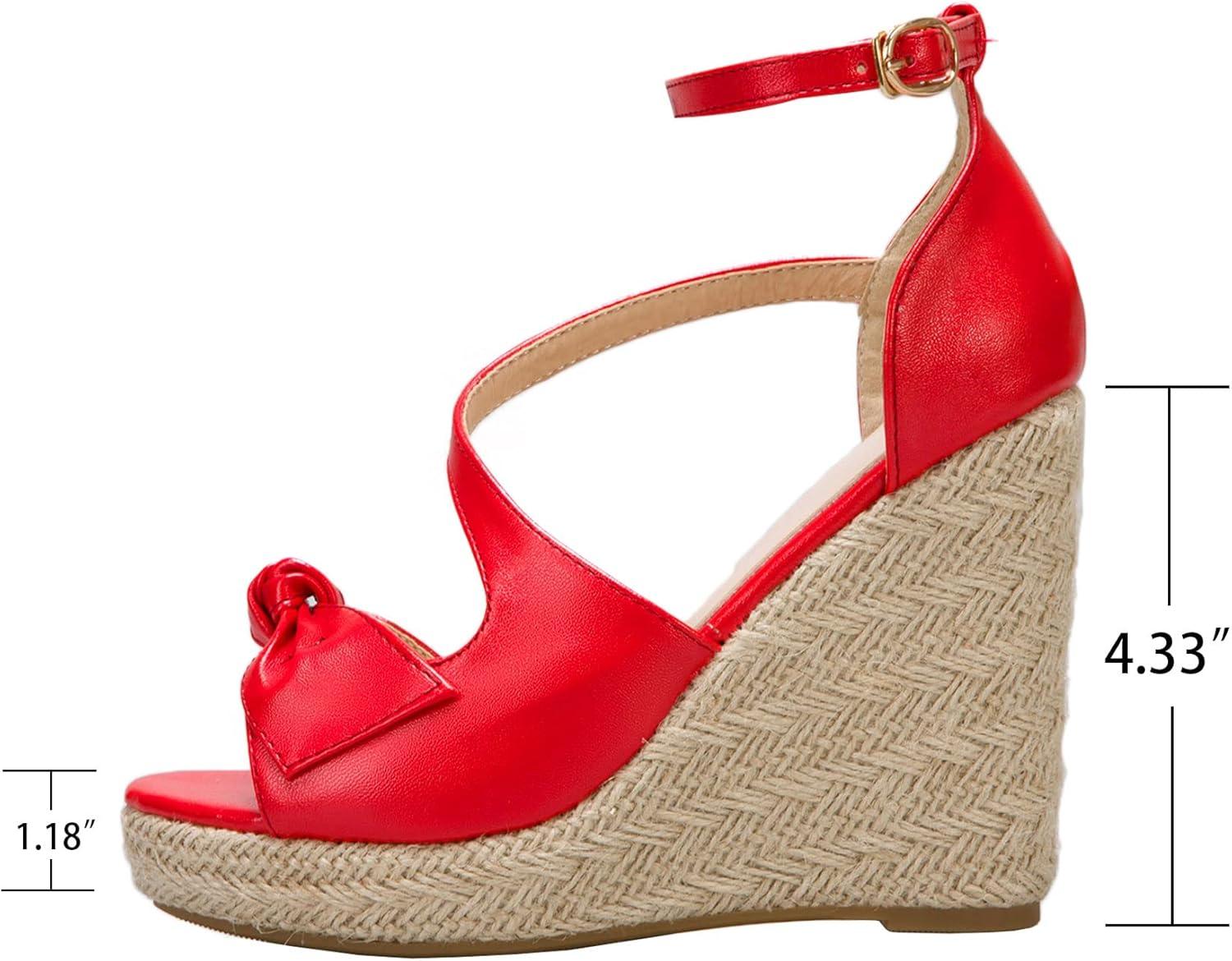 imageSHEMEE Womens Round Open Toe Espadrille Wedge Sandals Platform High Heel Ankle Strap Buckle Bow Sandalias Summer ShoesRed