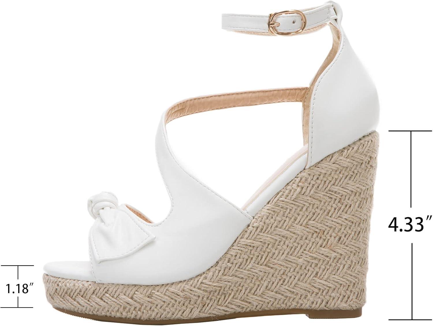 imageSHEMEE Womens Round Open Toe Espadrille Wedge Sandals Platform High Heel Ankle Strap Buckle Bow Sandalias Summer ShoesWhite