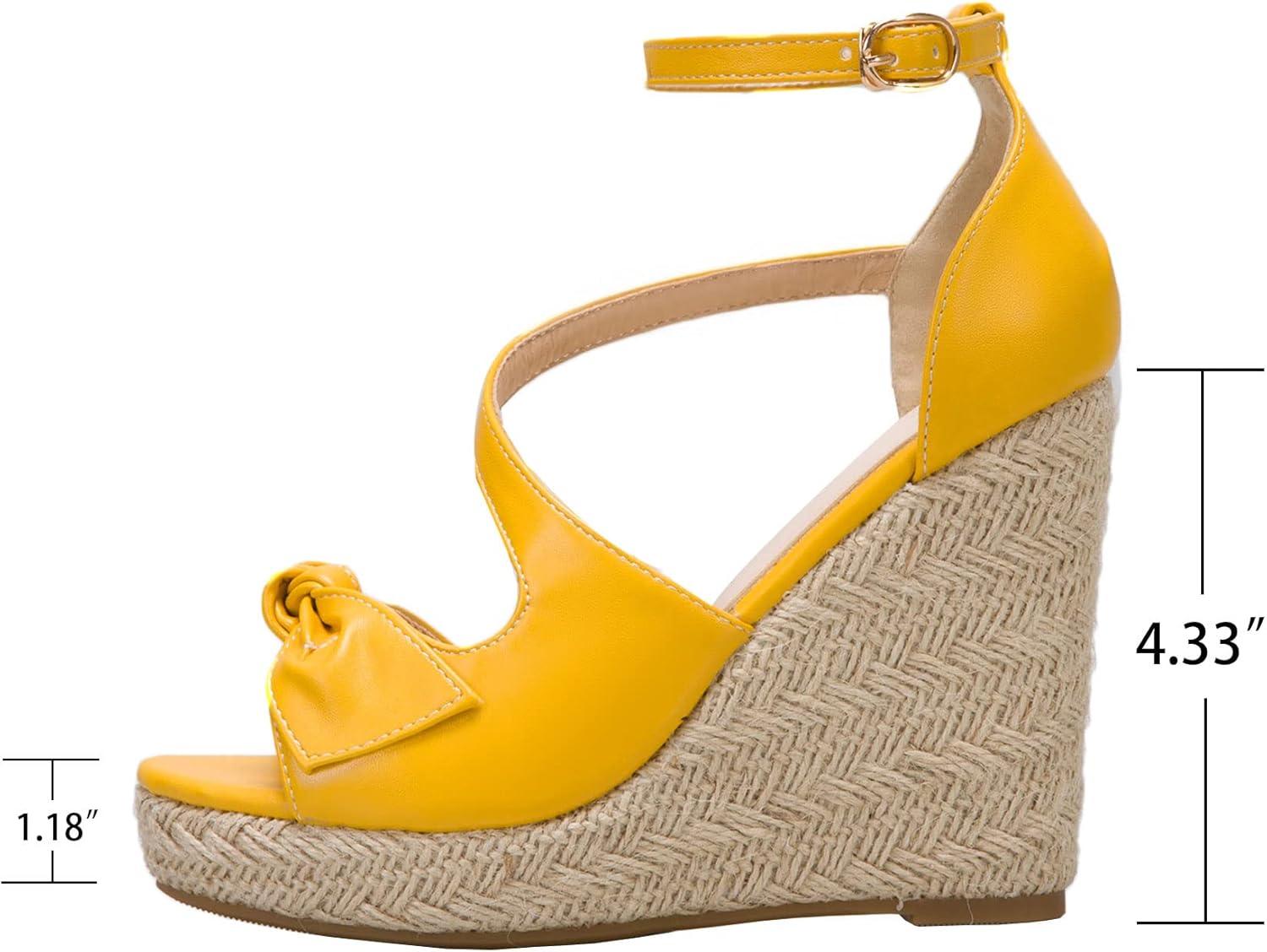imageSHEMEE Womens Round Open Toe Espadrille Wedge Sandals Platform High Heel Ankle Strap Buckle Bow Sandalias Summer ShoesYellow