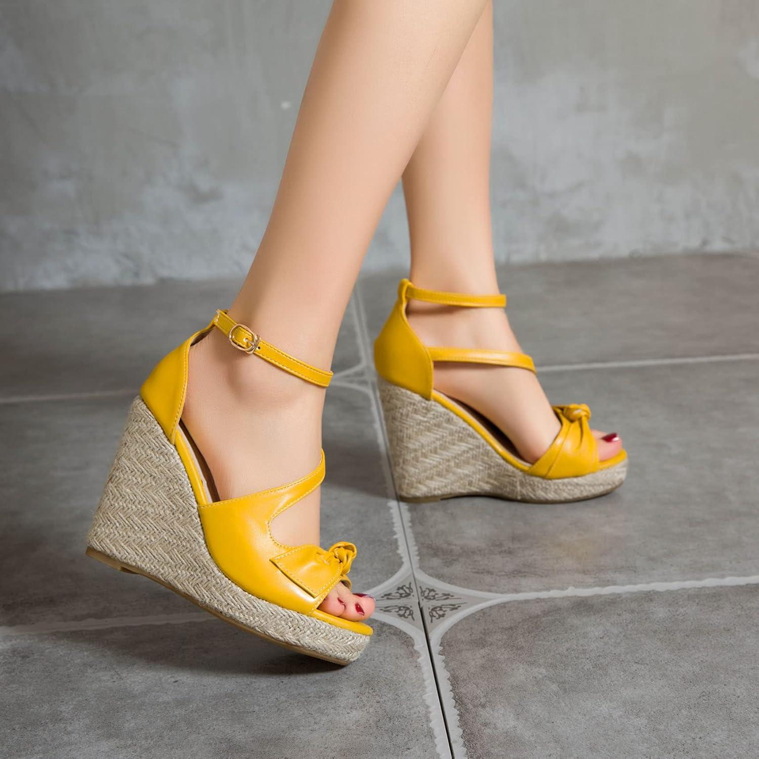imageSHEMEE Womens Round Open Toe Espadrille Wedge Sandals Platform High Heel Ankle Strap Buckle Bow Sandalias Summer ShoesYellow