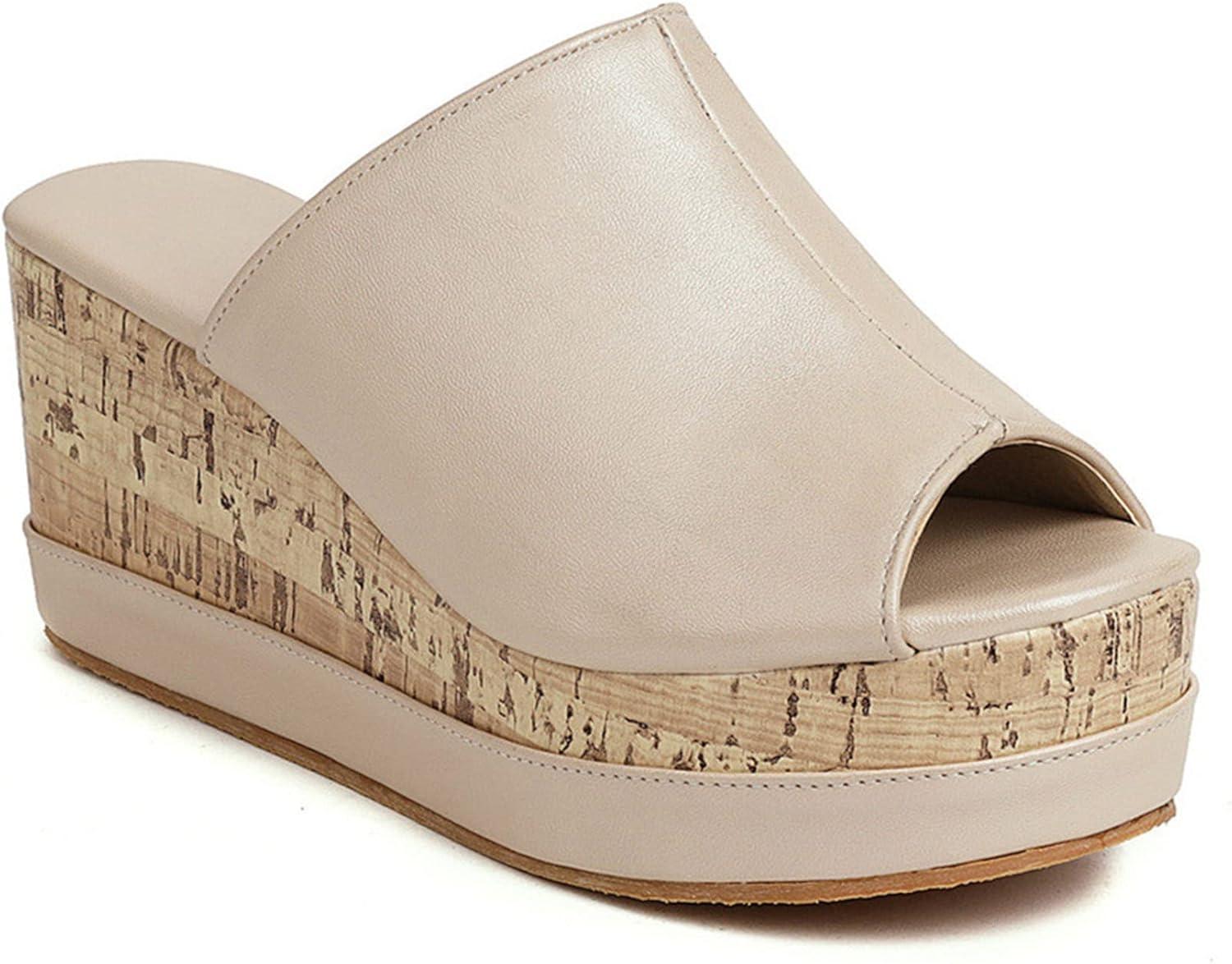 imageSHEMEE Womens Wedge Platform Slippers Peep Toe Mules Sandals Slipon Heeled Summer Slides ShoesBeige
