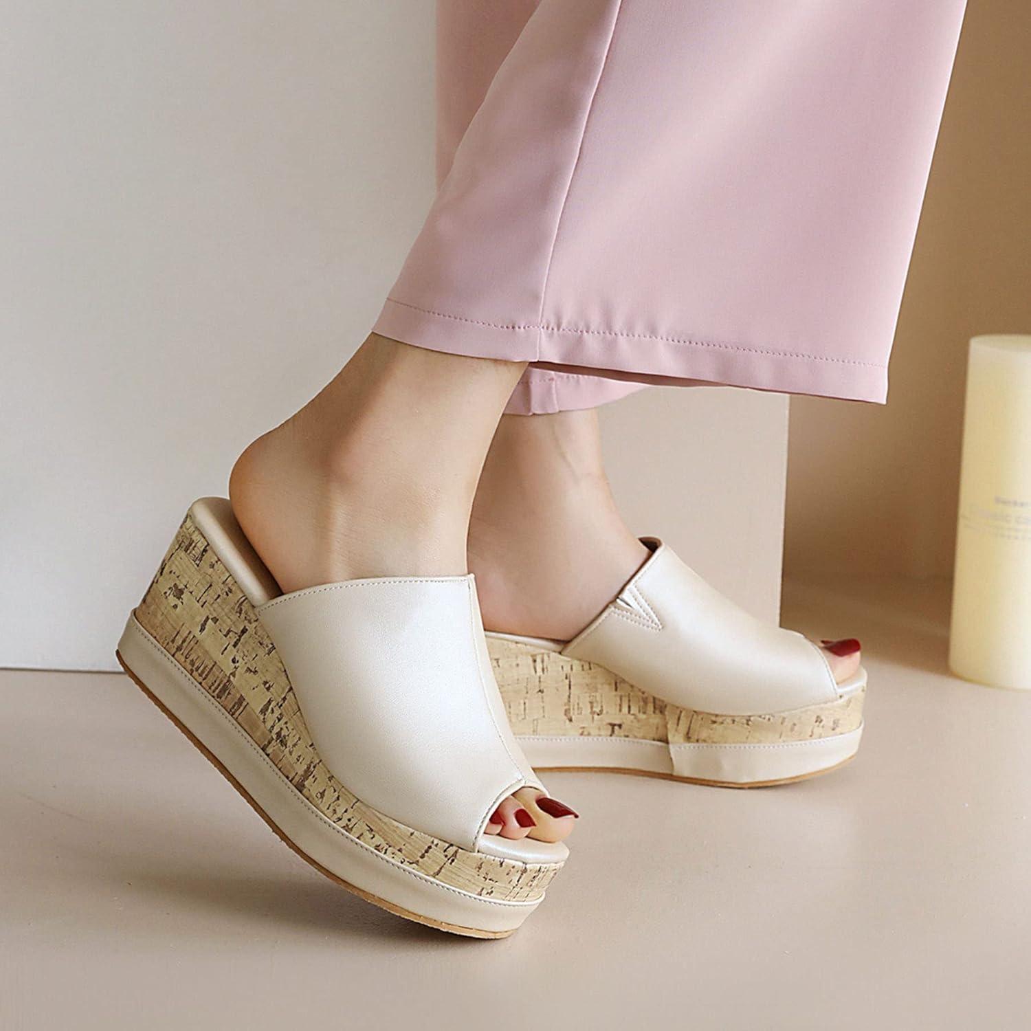 imageSHEMEE Womens Wedge Platform Slippers Peep Toe Mules Sandals Slipon Heeled Summer Slides ShoesBeige