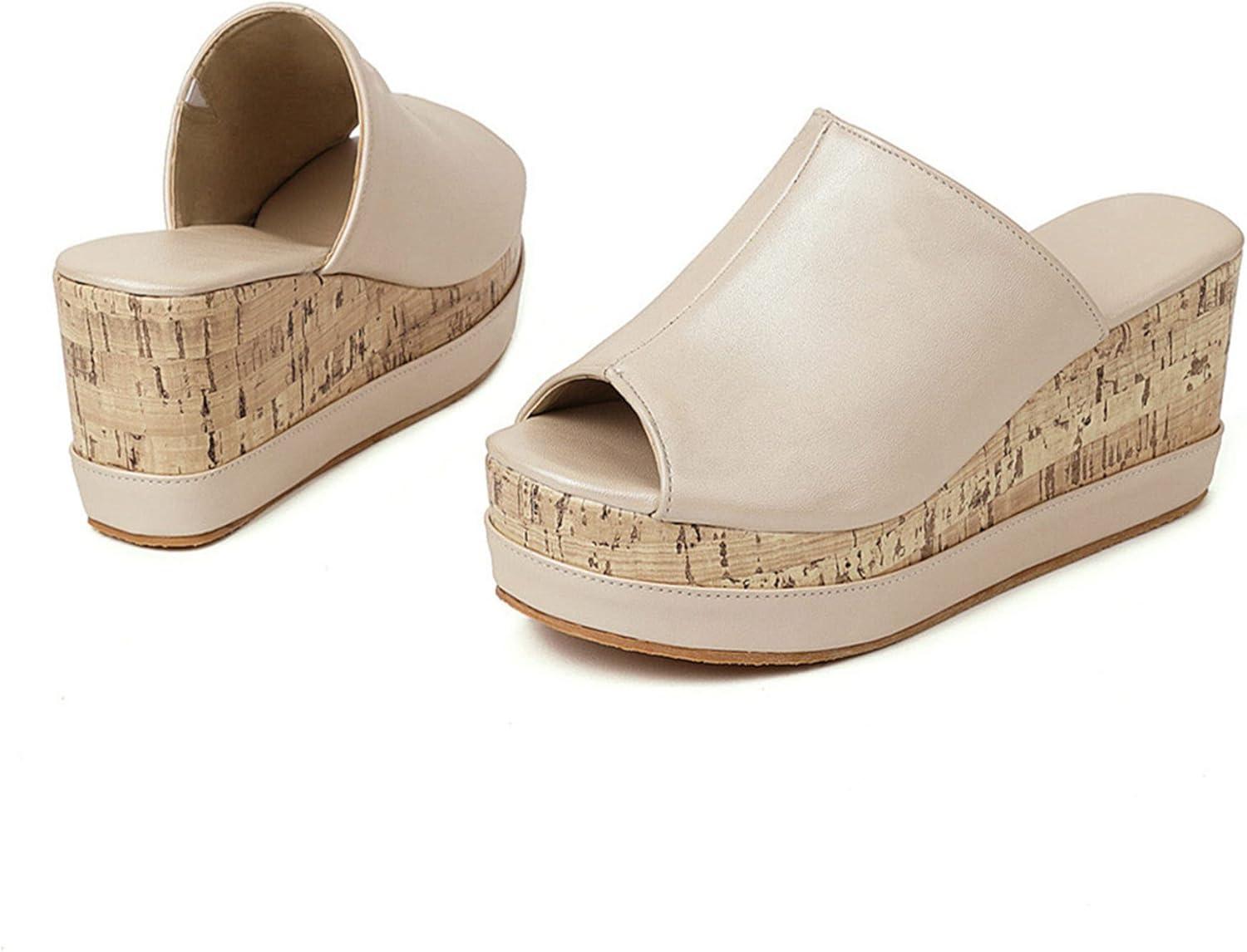 imageSHEMEE Womens Wedge Platform Slippers Peep Toe Mules Sandals Slipon Heeled Summer Slides ShoesBeige