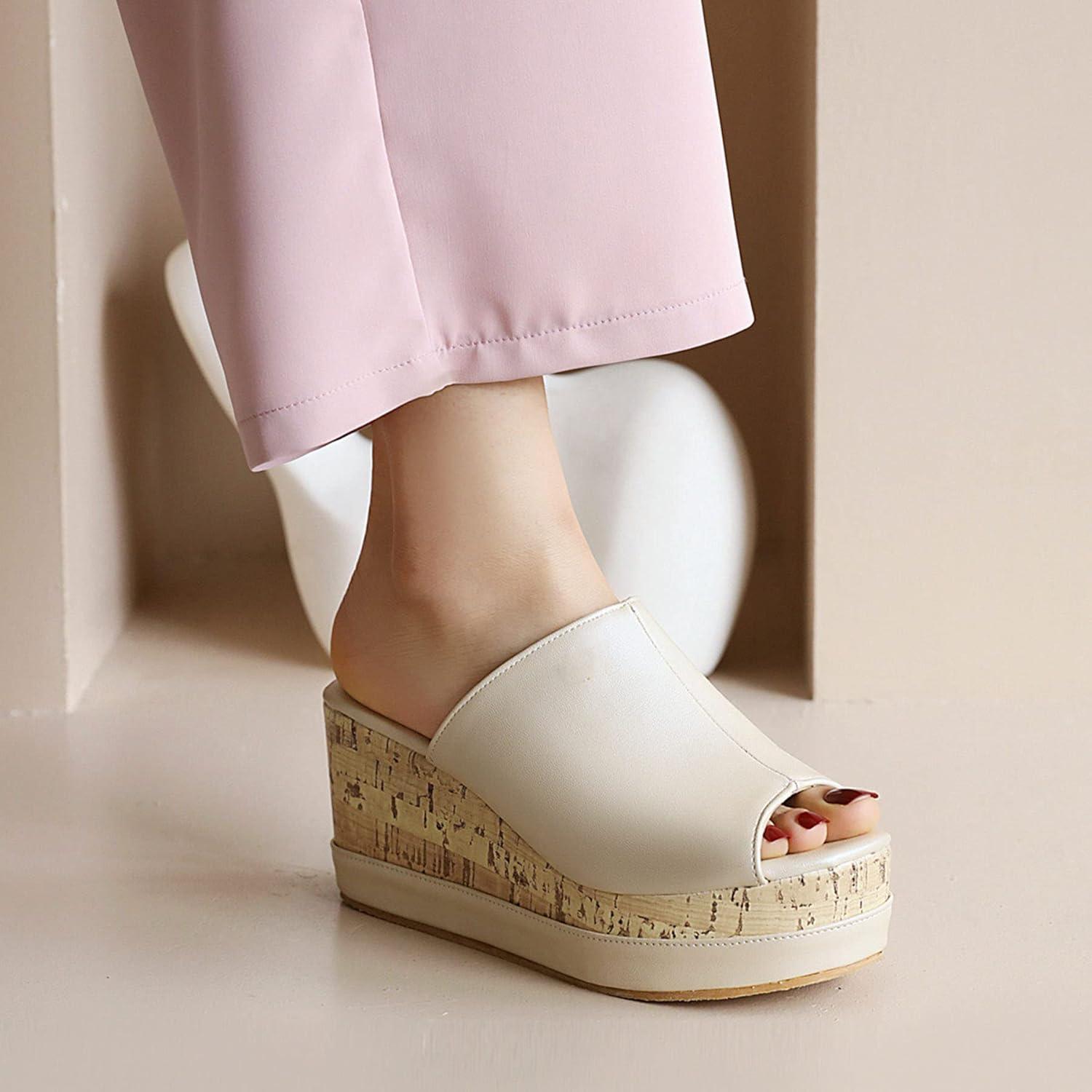 imageSHEMEE Womens Wedge Platform Slippers Peep Toe Mules Sandals Slipon Heeled Summer Slides ShoesBeige