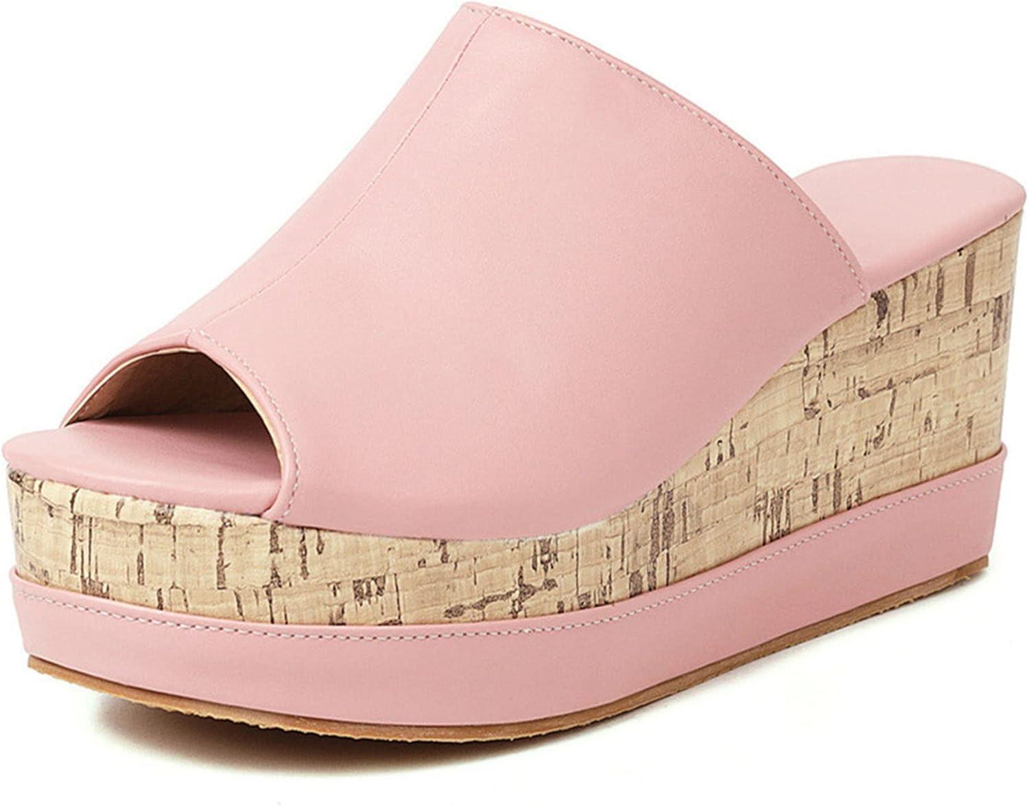 imageSHEMEE Womens Wedge Platform Slippers Peep Toe Mules Sandals Slipon Heeled Summer Slides ShoesPink