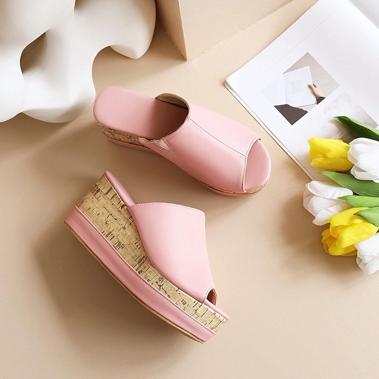 imageSHEMEE Womens Wedge Platform Slippers Peep Toe Mules Sandals Slipon Heeled Summer Slides ShoesPink