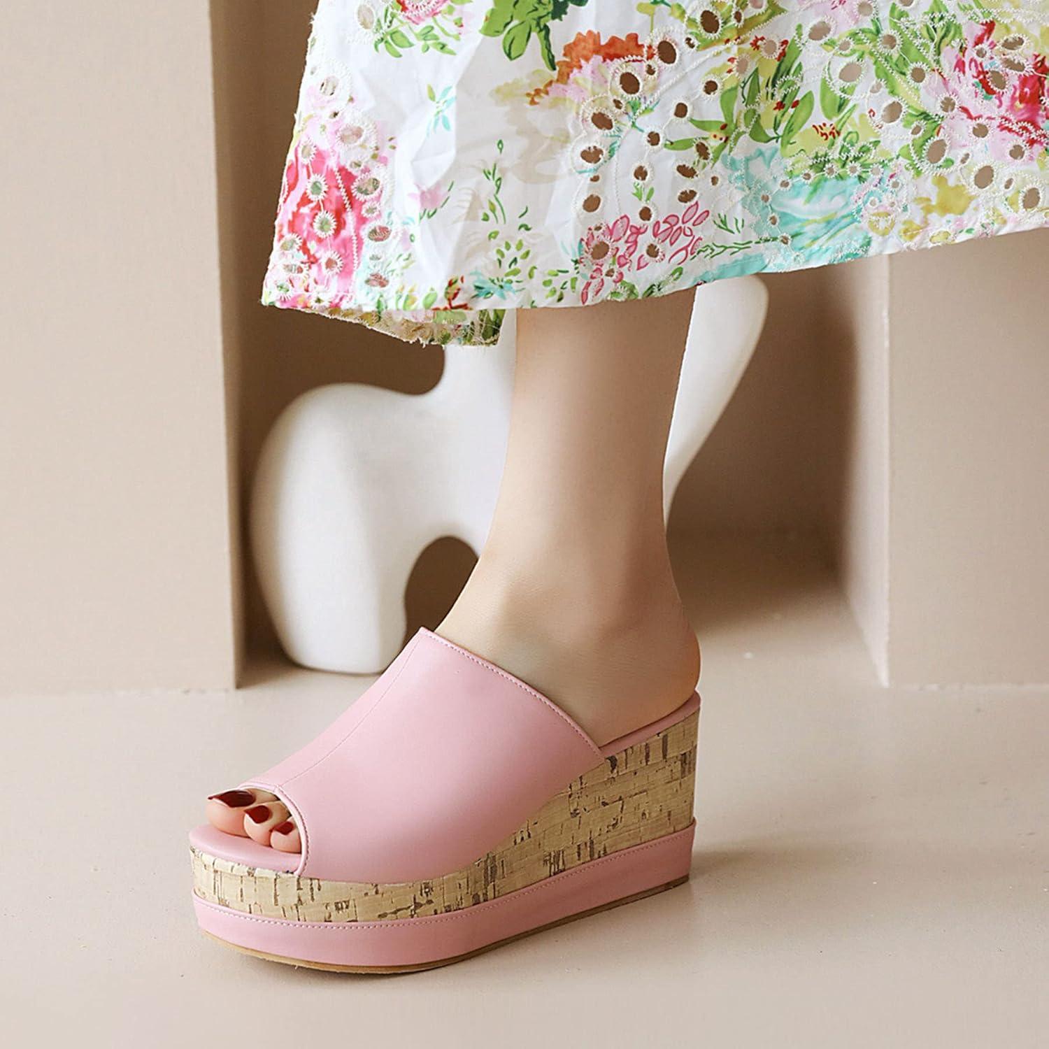 imageSHEMEE Womens Wedge Platform Slippers Peep Toe Mules Sandals Slipon Heeled Summer Slides ShoesPink